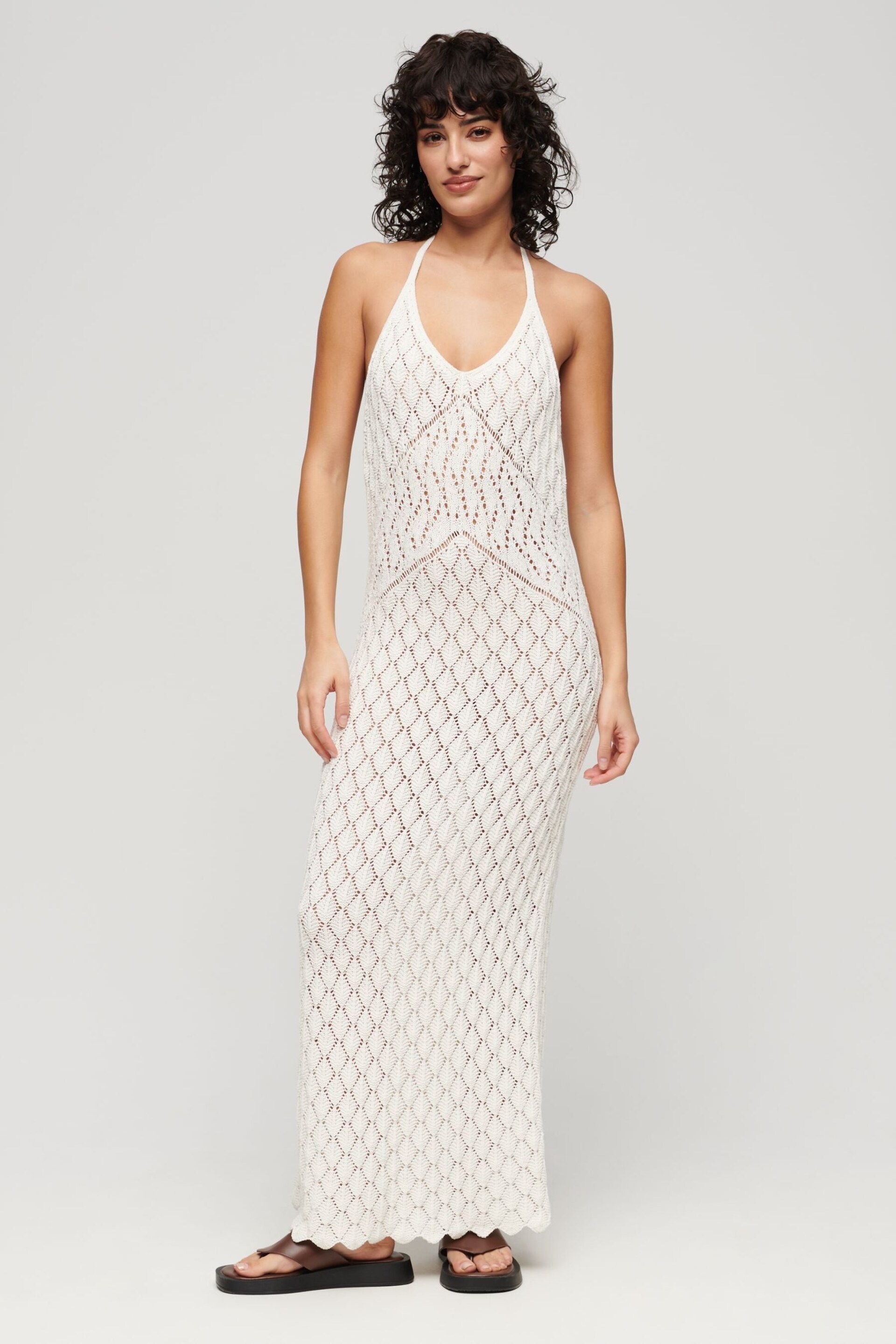 Superdry White Crochet Halter Maxi Dress - Image 1 of 3