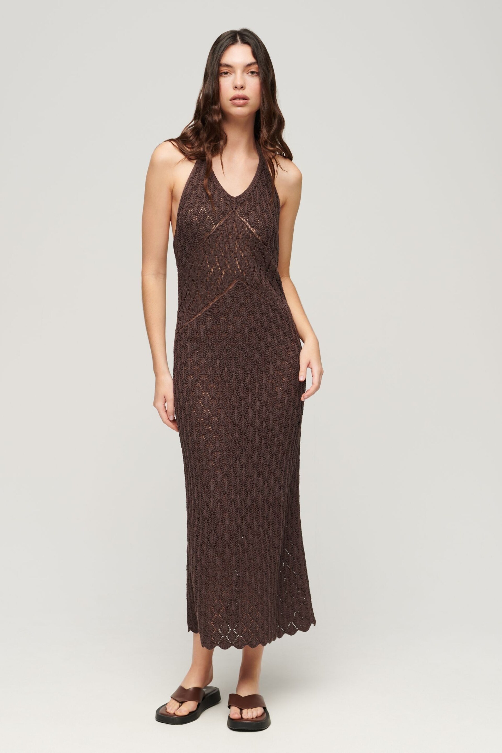 Superdry Brown Crochet Halter Maxi Dress - Image 1 of 4