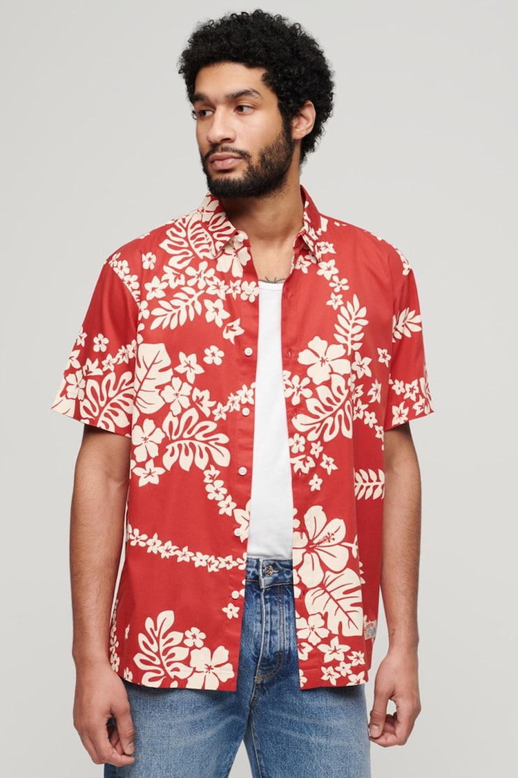 Superdry Red 100% Cotton Short Sleeve Hawaiian Printed Shirt - Image 1 of 6