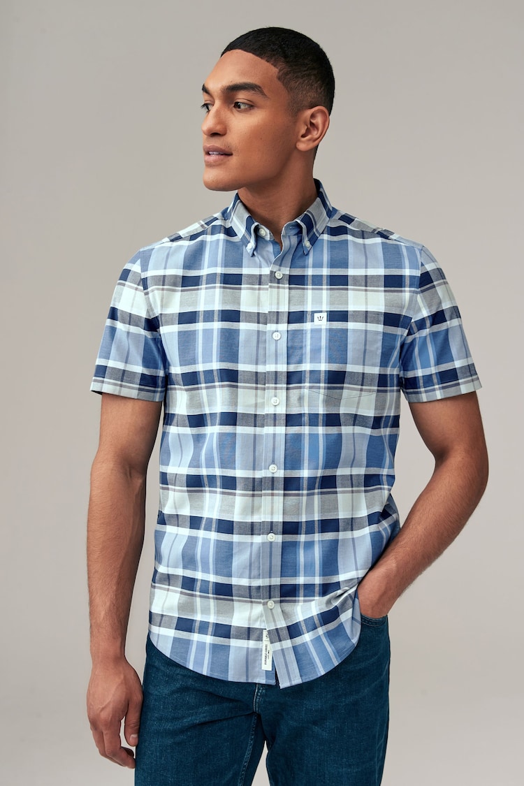 Navy Blue Stretch Oxford Check Short Sleeve Shirt - Image 1 of 7