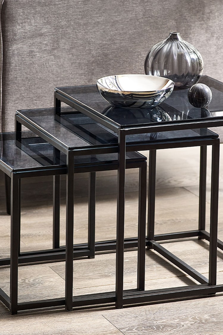 Julian Bowen Smoked Glass and Black Chicago Nest of 3 Tables Smoked Glass - Image 1 of 4