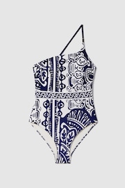 Reiss Navy/White Olivia Printed One-Shoulder Swimsuit - Image 2 of 5