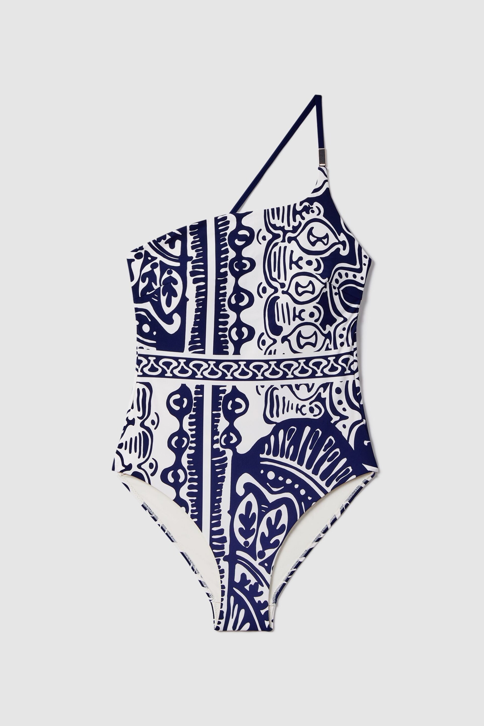 Reiss Navy/White Olivia Printed One-Shoulder Swimsuit - Image 2 of 5