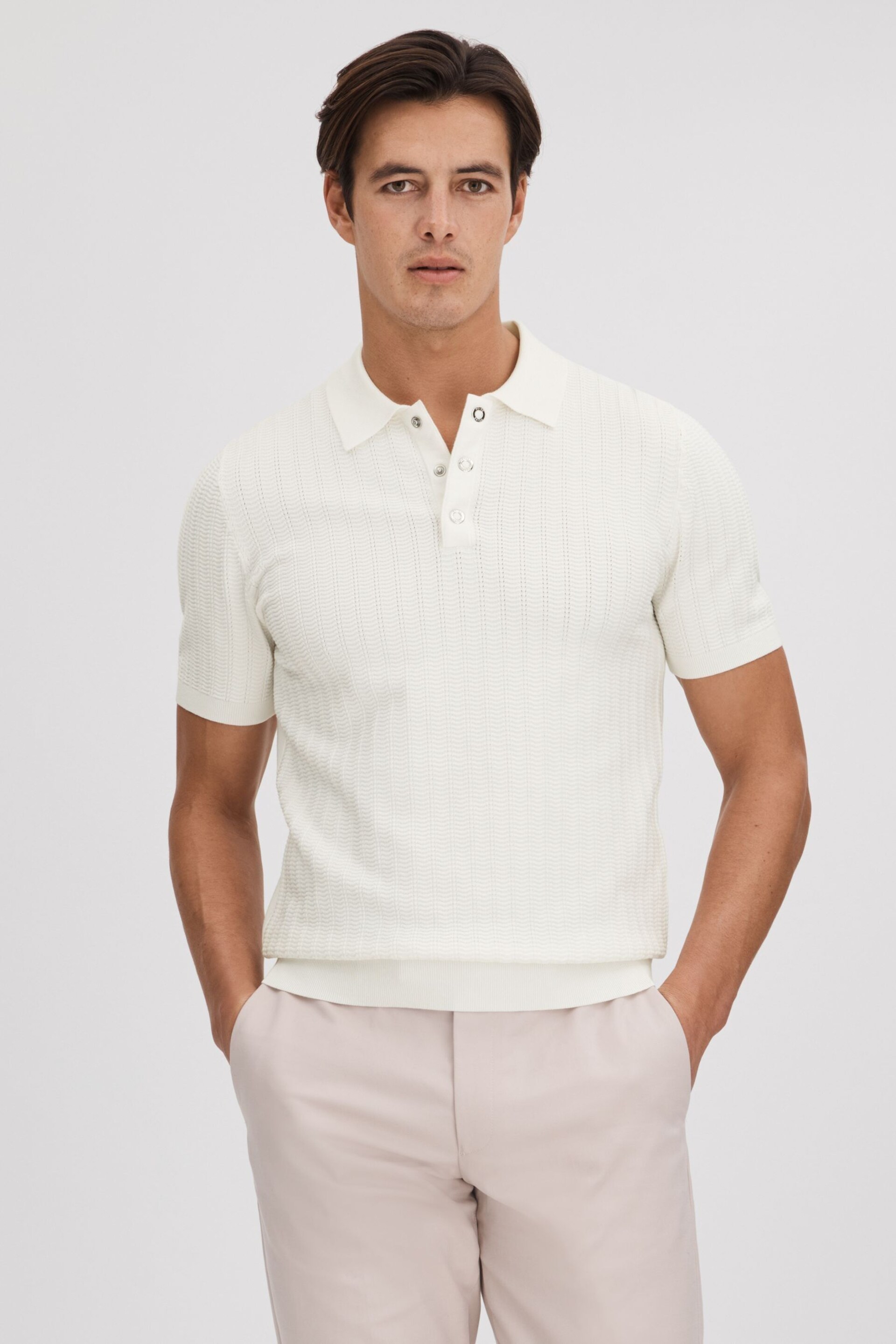 Reiss White Pascoe Textured Modal Blend Polo Shirt - Image 1 of 7