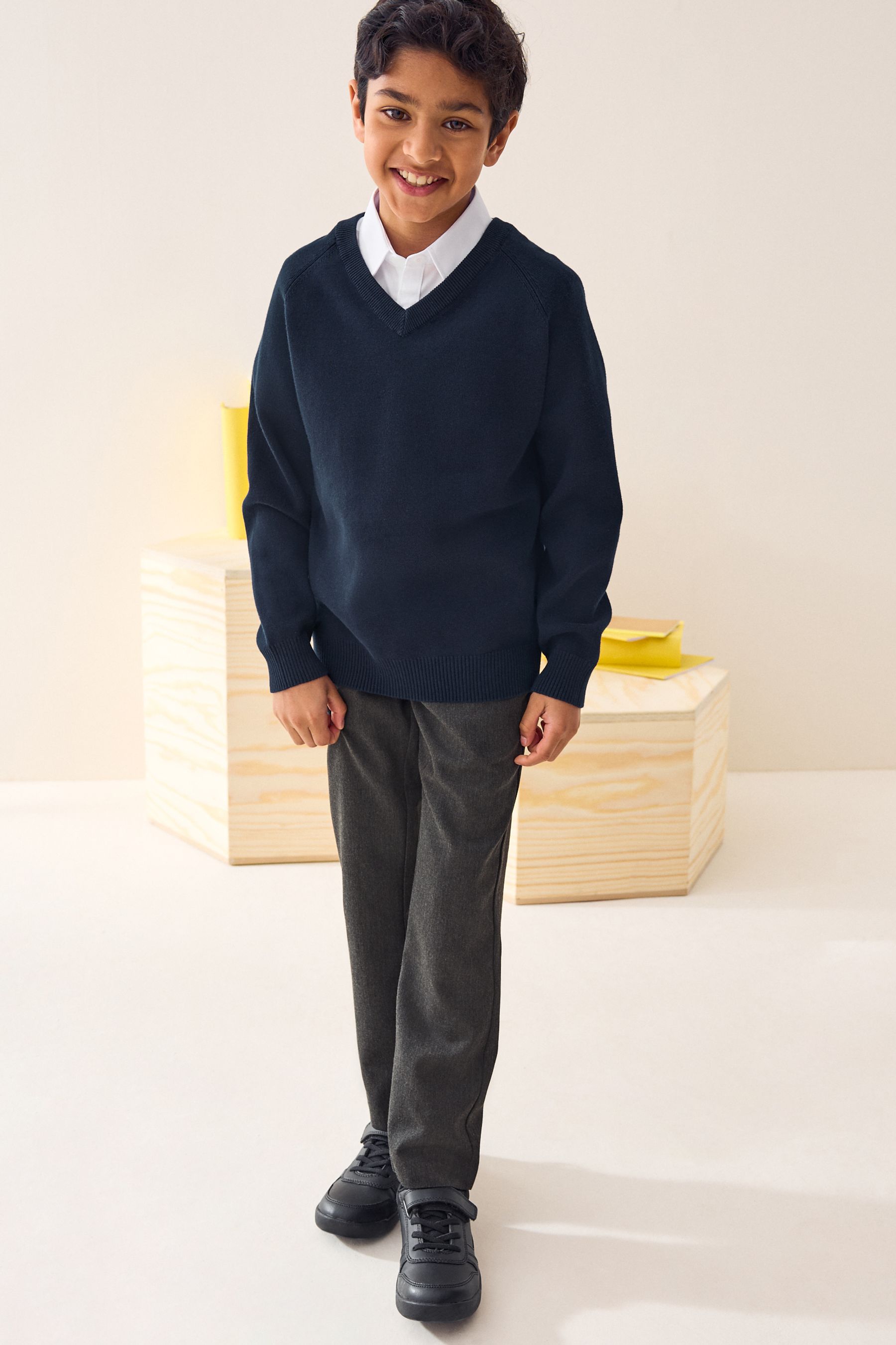 Navy Blue Knitted V Neck School Jumper 3 16yrs