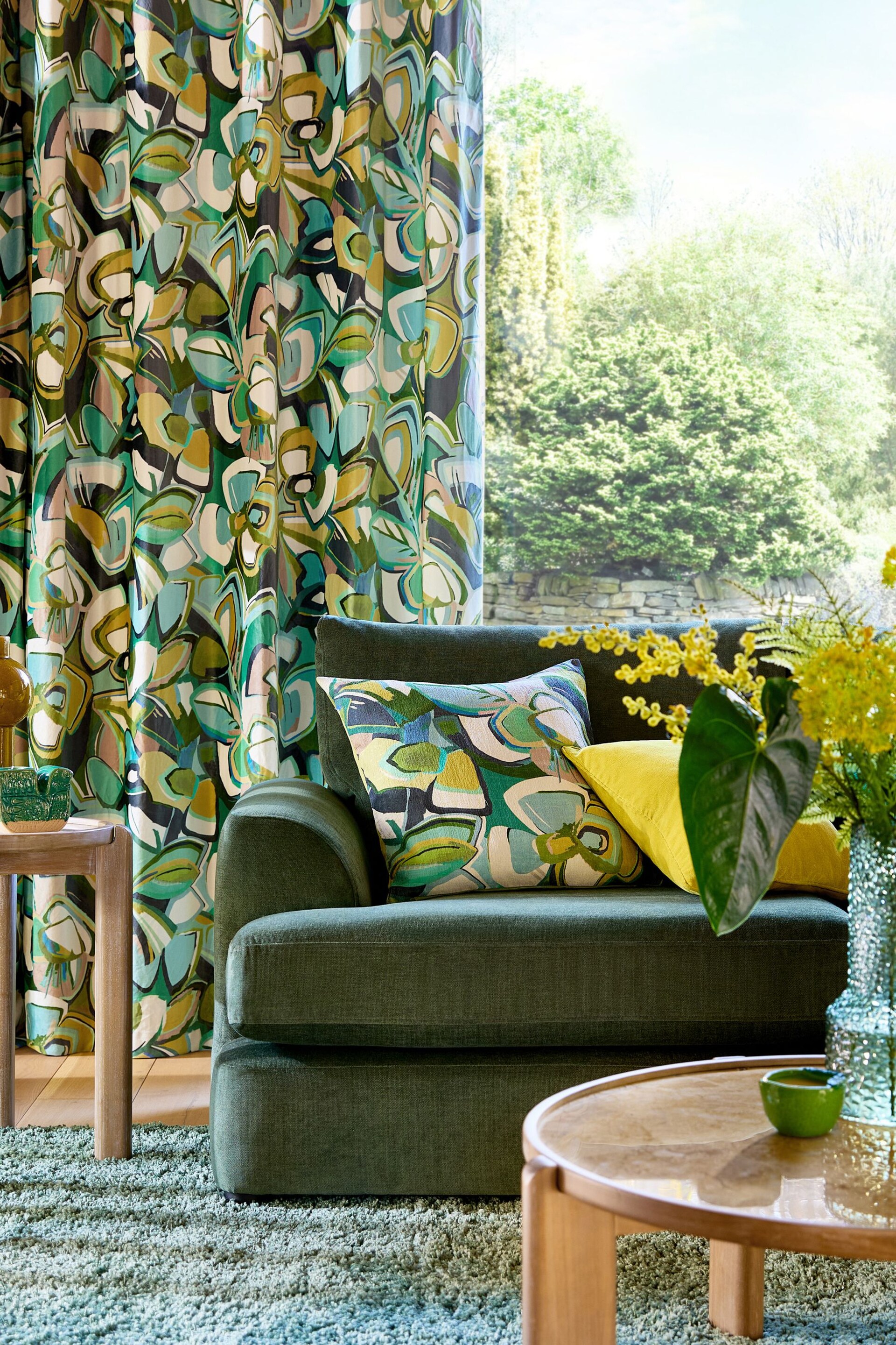 Green Multi Leaf Velvet Printed Eyelet Lined Curtains - Image 2 of 7