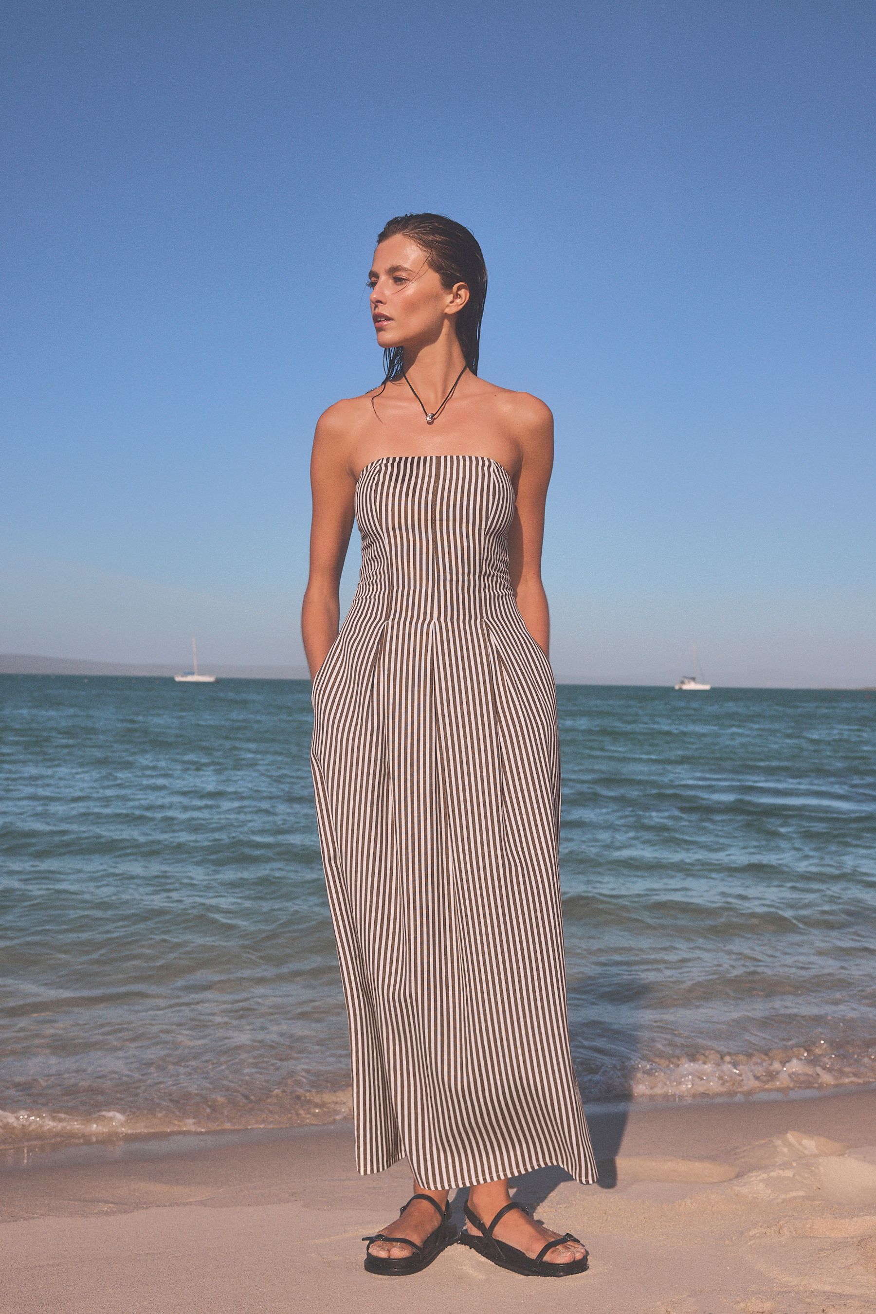 Khaki Green White Bandeau Summer Dress