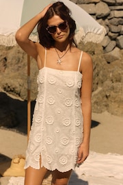 White 3D Embroidered Mini Summer Shift Dress - Image 1 of 11