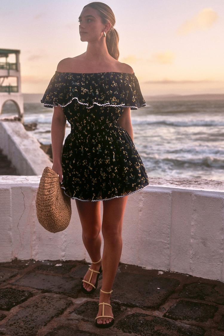 Black Ditsy Off Shoulder Summer Skort Cotton Floral Dress - Image 2 of 6