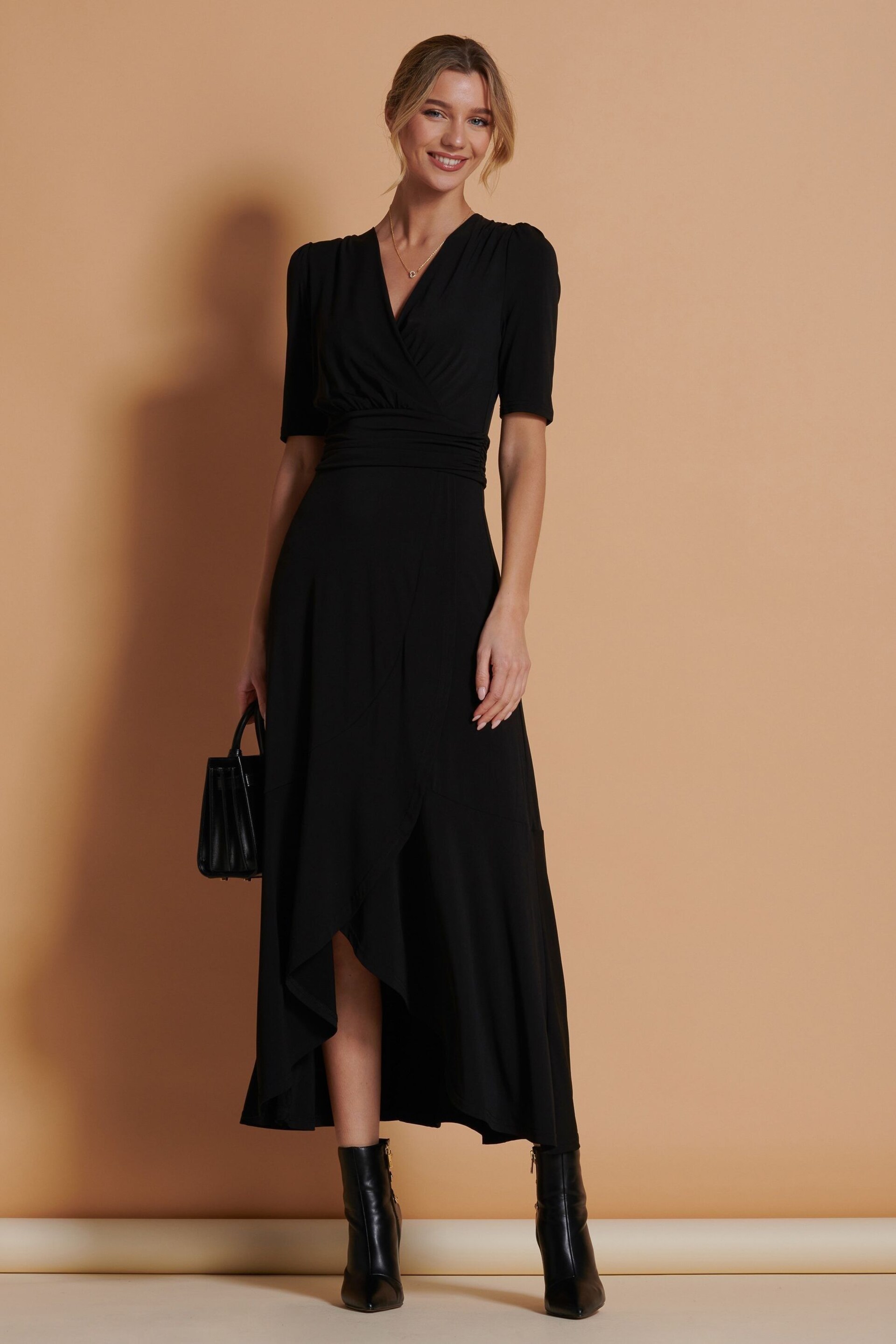 Jolie Moi Black Wrap Front Frill Hem Maxi Dress - Image 3 of 6