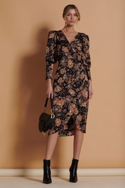 Jolie Moi Brown Print Satin Wrap Bodycon Dress - Image 4 of 6