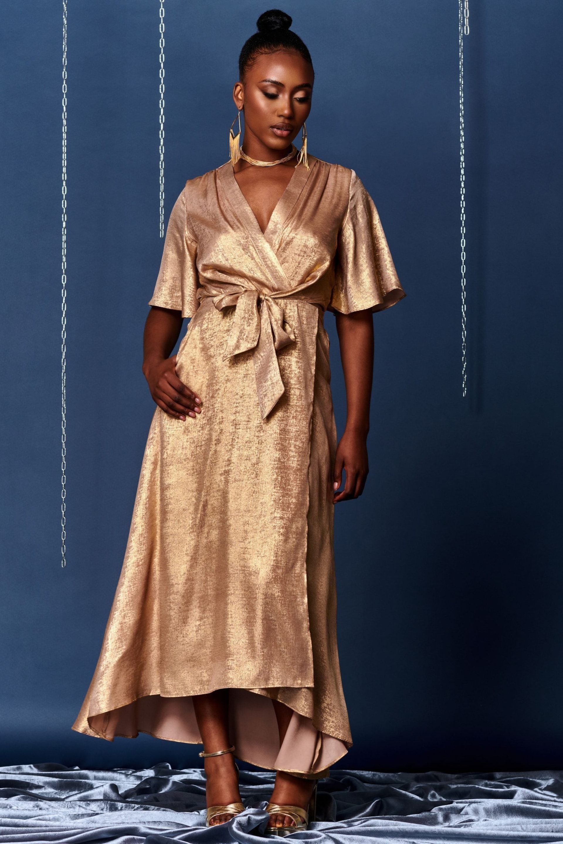 Jolie Moi Gold Metallic Effect Wrap Maxi Dress - Image 3 of 7