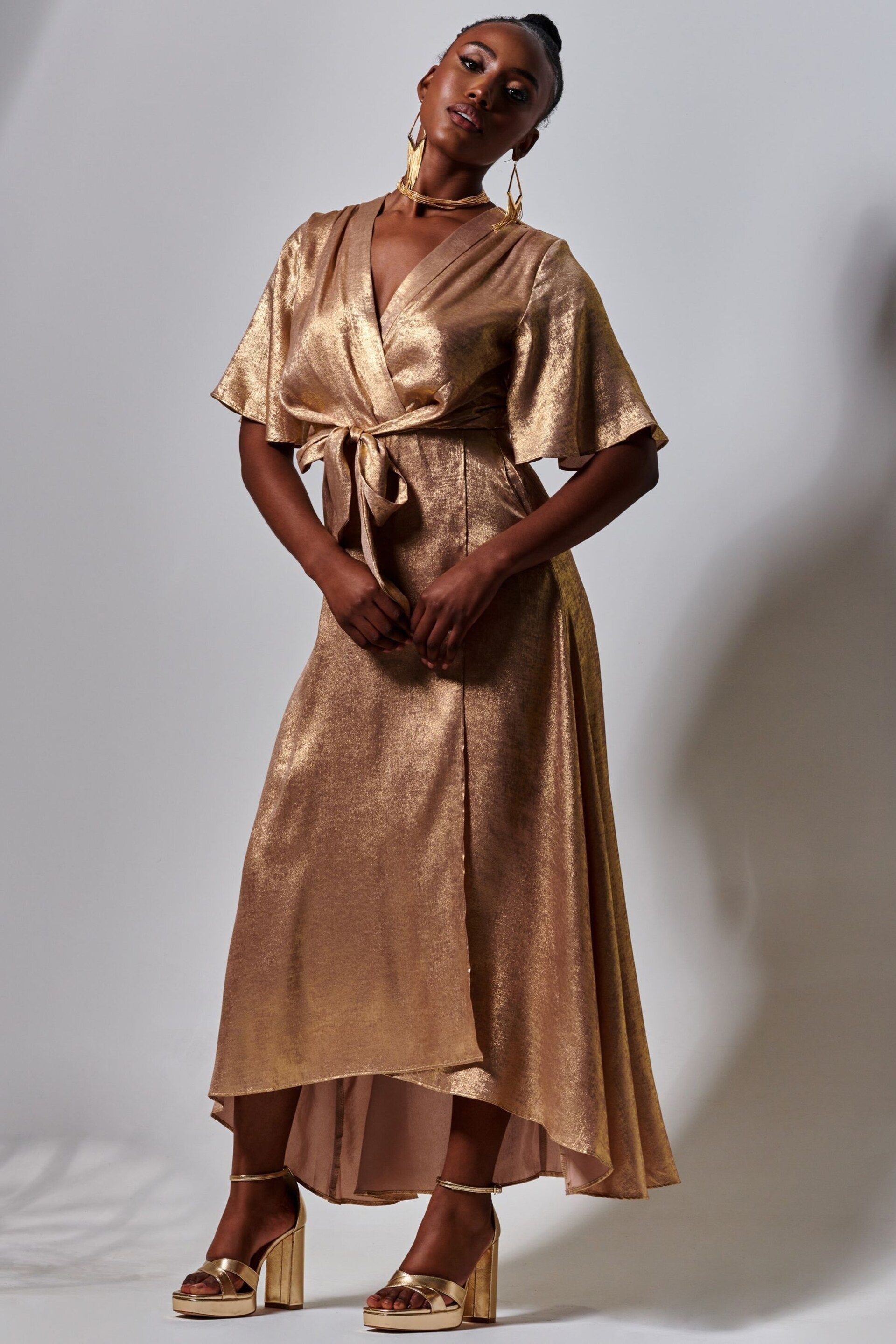 Jolie Moi Gold Metallic Effect Wrap Maxi Dress - Image 4 of 7