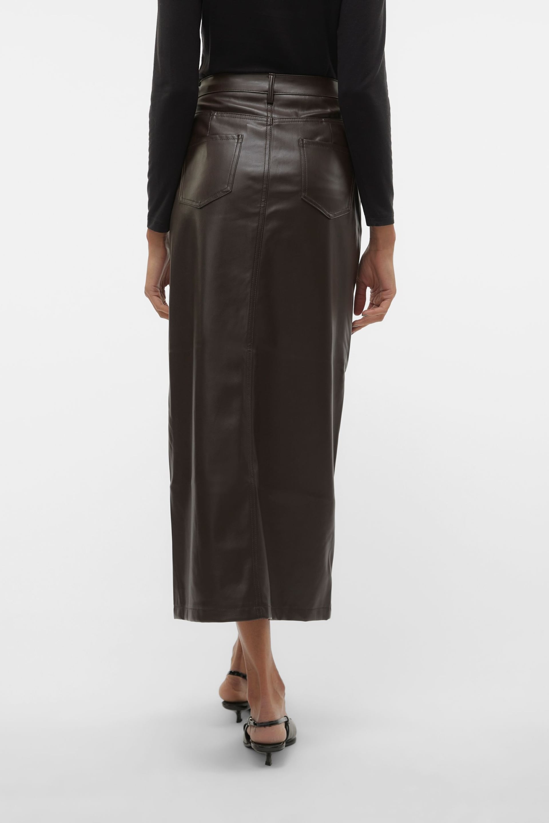 VERO MODA Brown Faux Leather Midi Skirt - Image 2 of 7