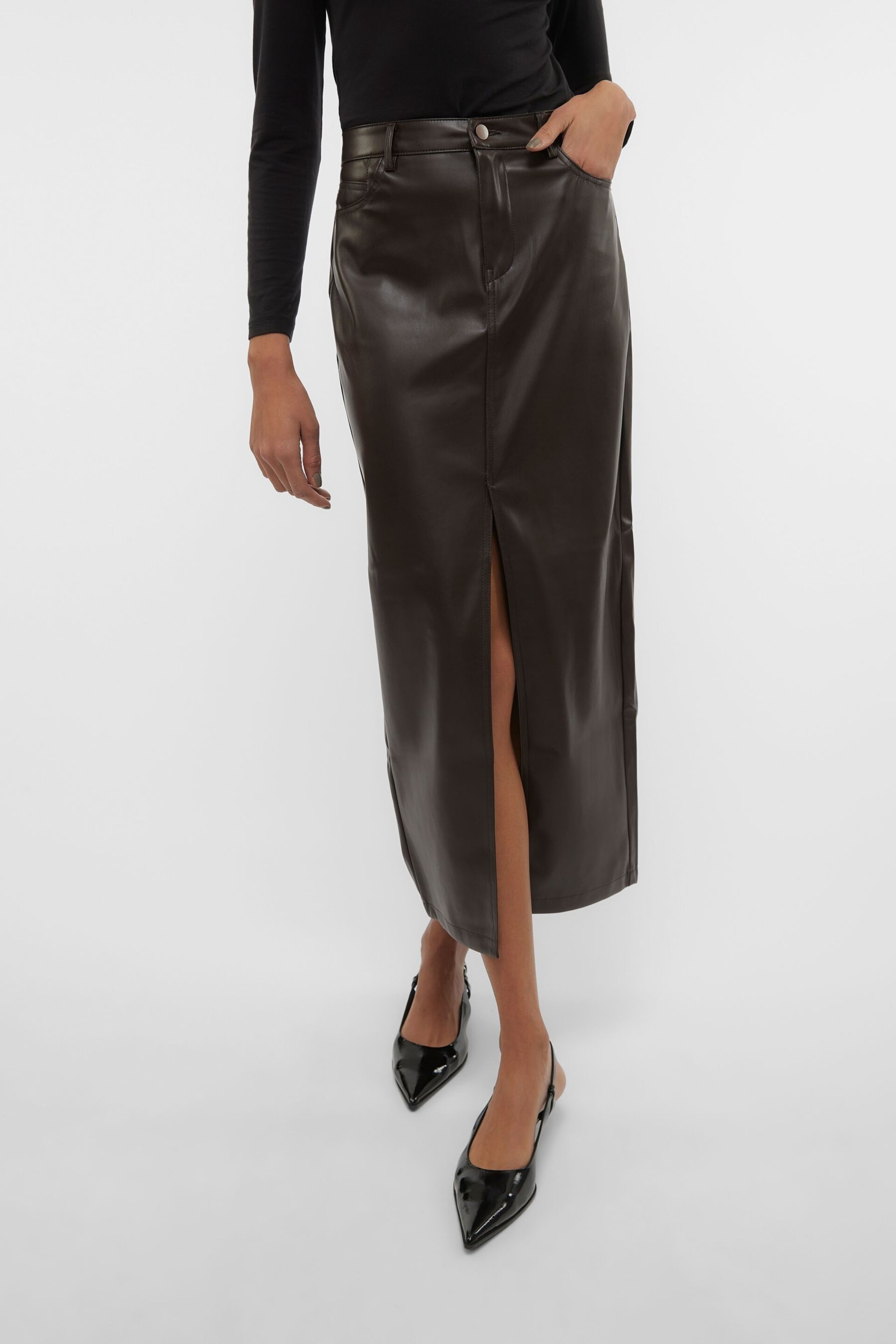 VERO MODA Brown Faux Leather Midi Skirt - Image 3 of 7