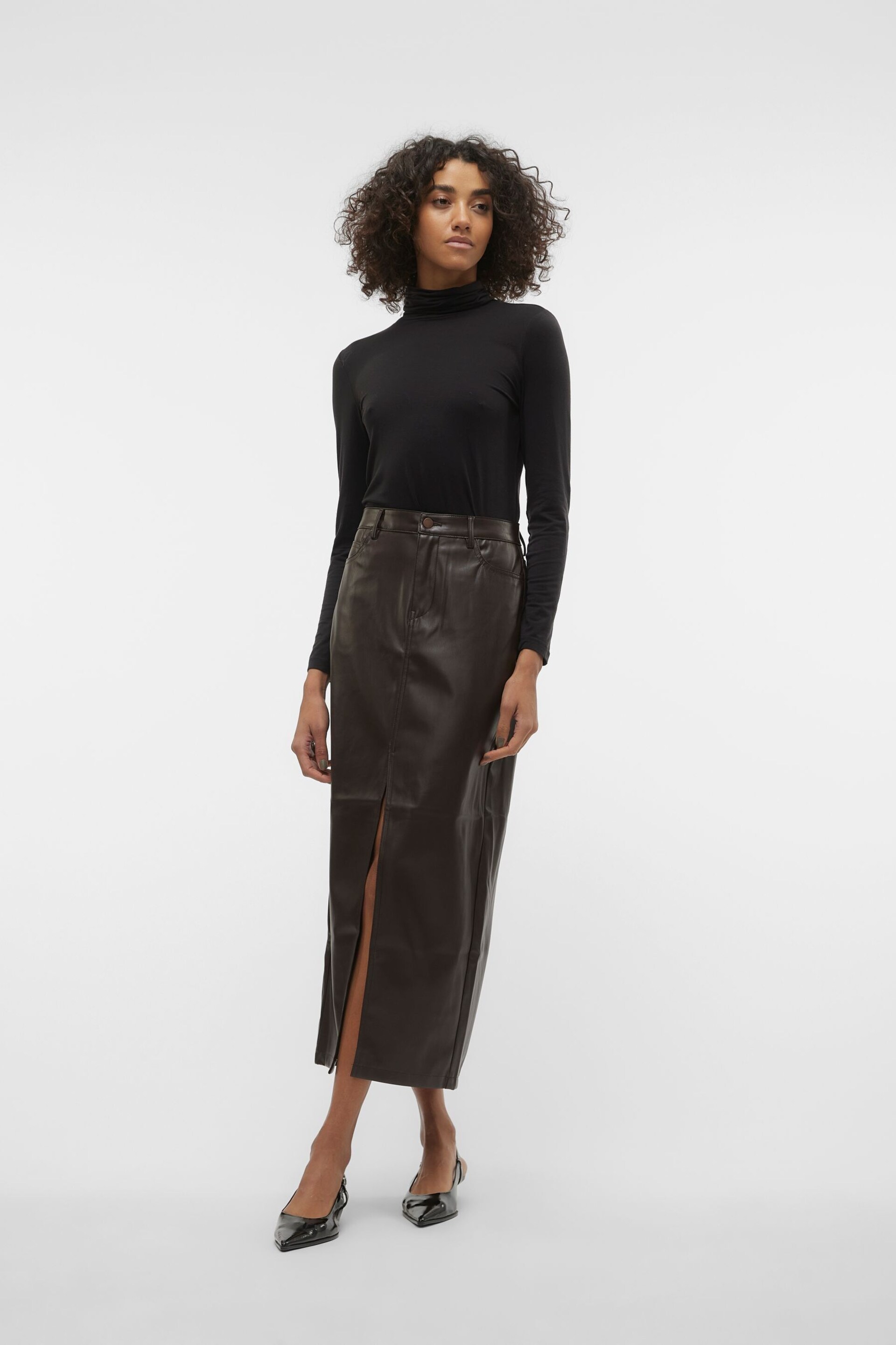 VERO MODA Brown Faux Leather Midi Skirt - Image 4 of 7
