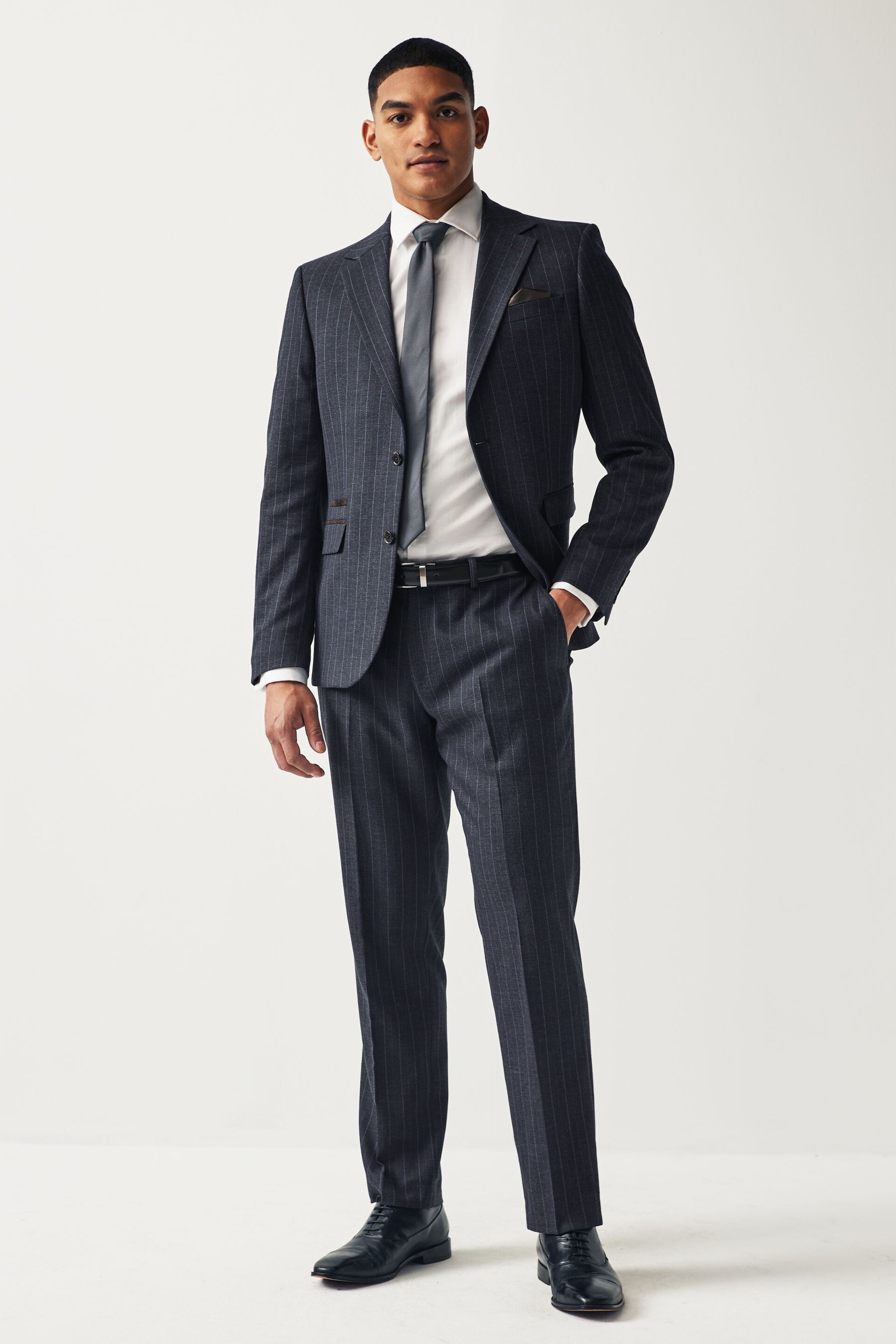 Navy Blue Tailored Fit Stripe Suit Trousers - Image 1 of 9