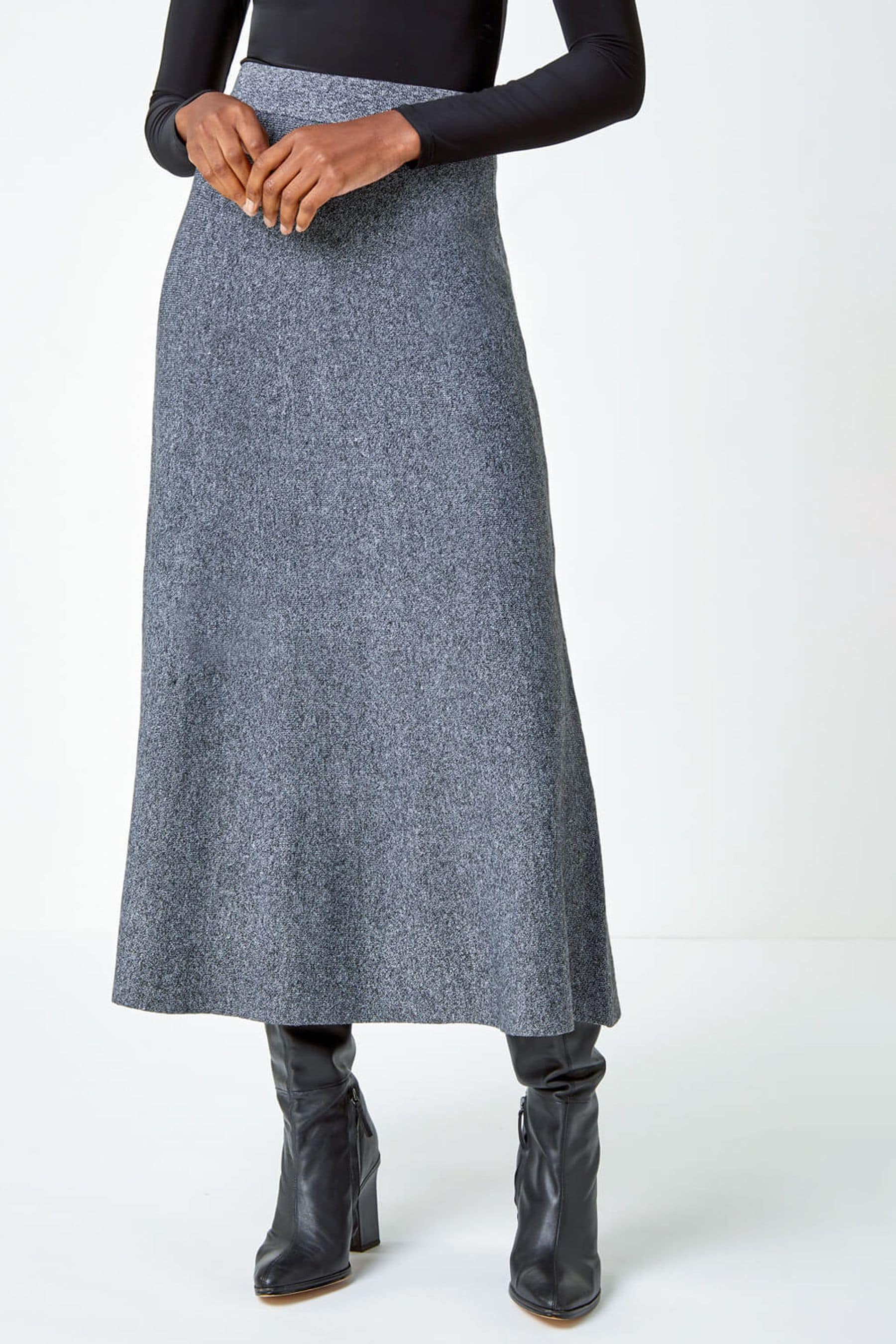 Roman Grey Plain Knitted Midi Skirt