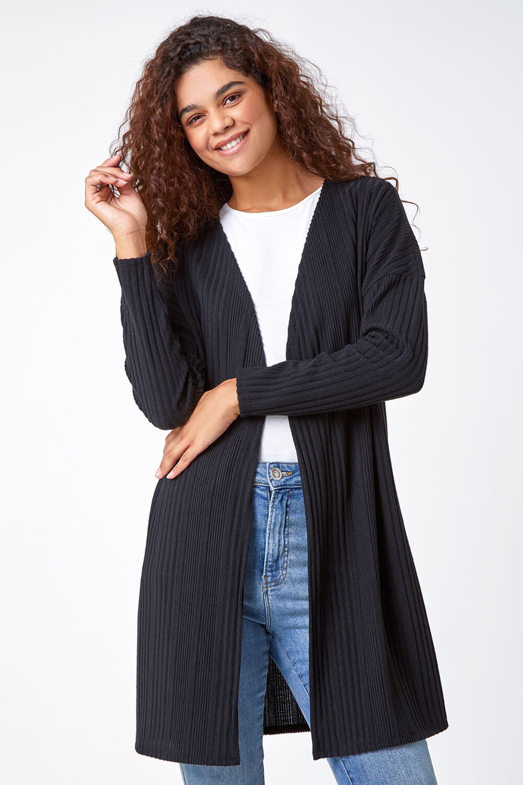 Buy Roman Black Ribbed Longline Stretch Cardigan from the Next UK online shop