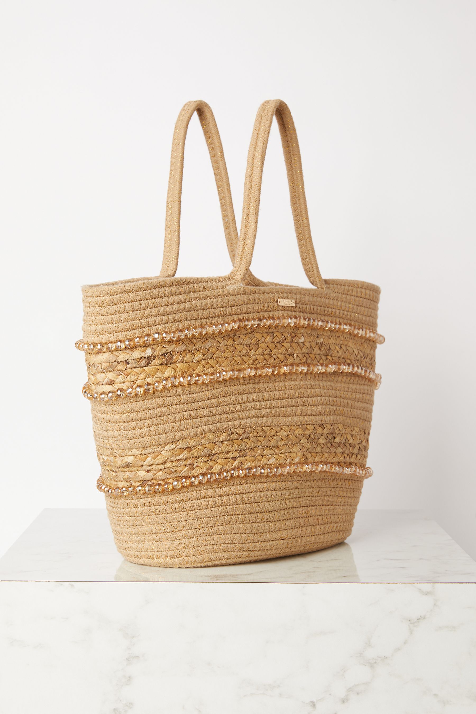 Lipsy Beige Raffia Beaded Straw Tote Bag