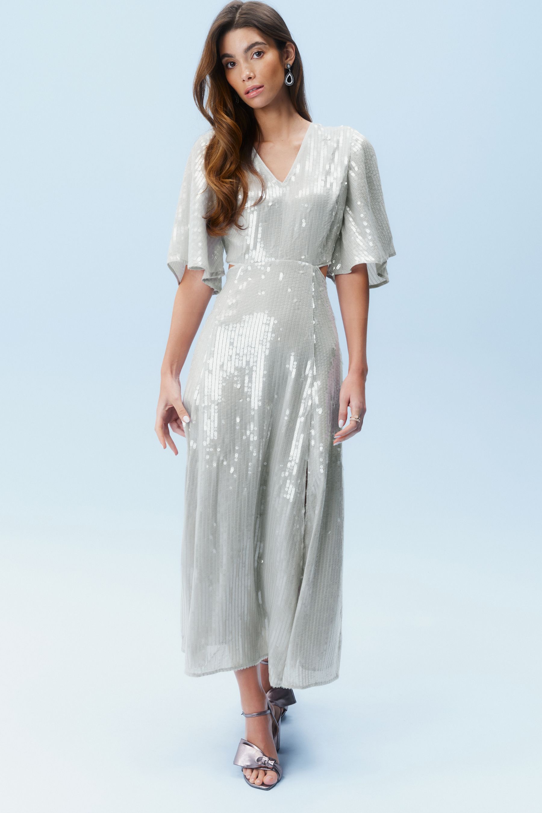 Buy Silver Sequin Flutter Sleeve Maxi Dress from Next Luxembourg