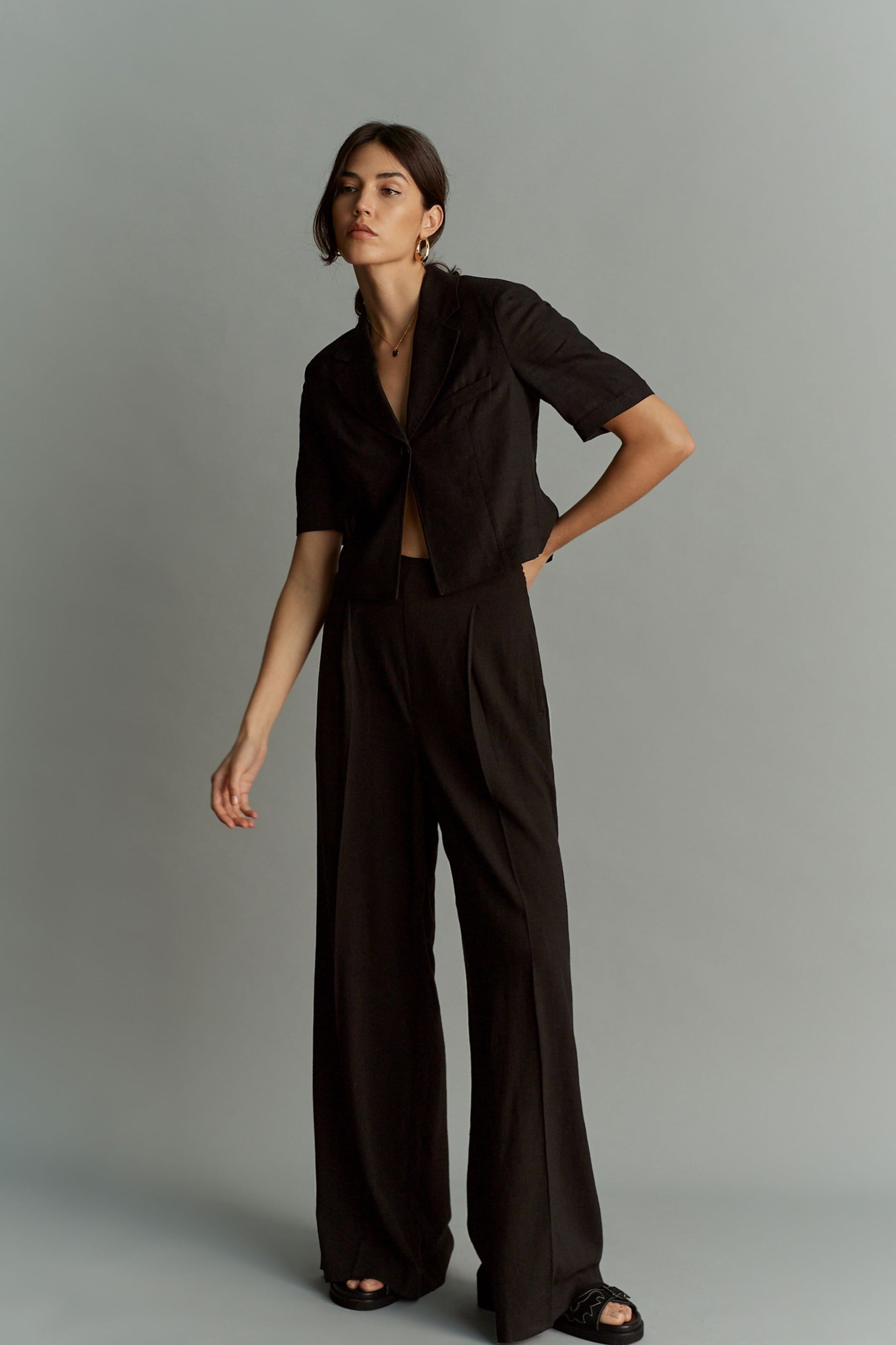 Black Cropped Linen Blend Boxy Top - Image 2 of 5