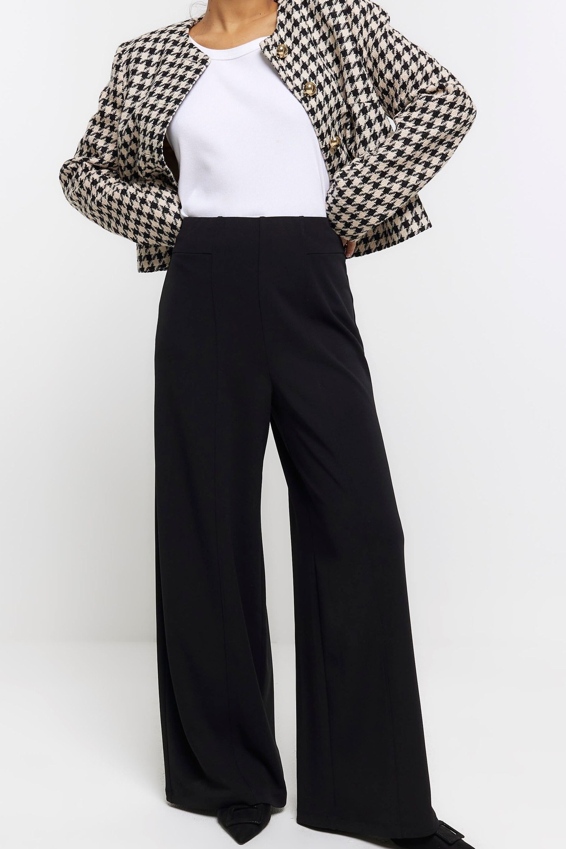 River Island Black Petite Wide Leg Stitch Detail Trousers - Image 1 of 6