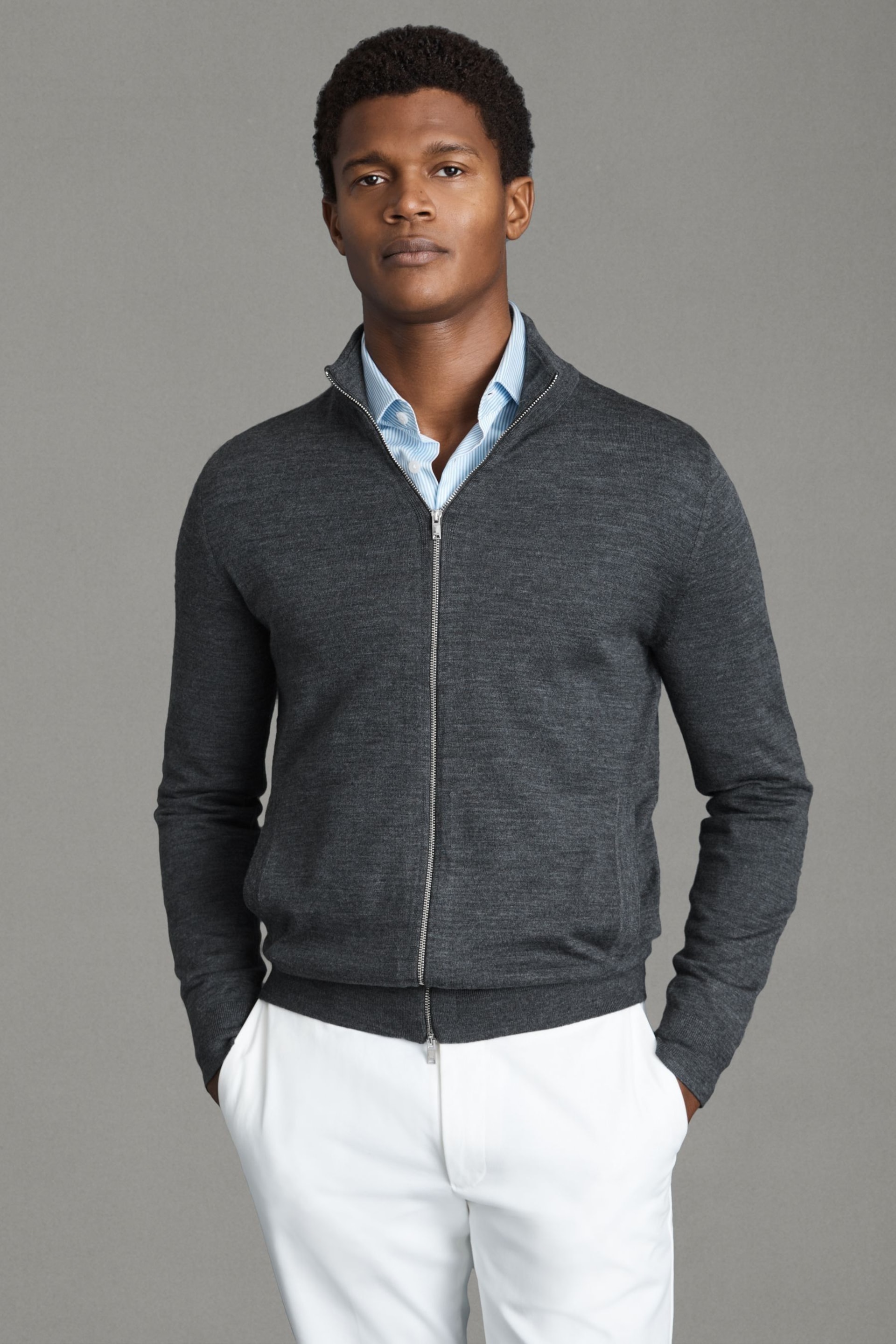 Reiss Derby Grey Marl Hampshire Merino Wool Funnel-Neck Jacket - Image 1 of 5