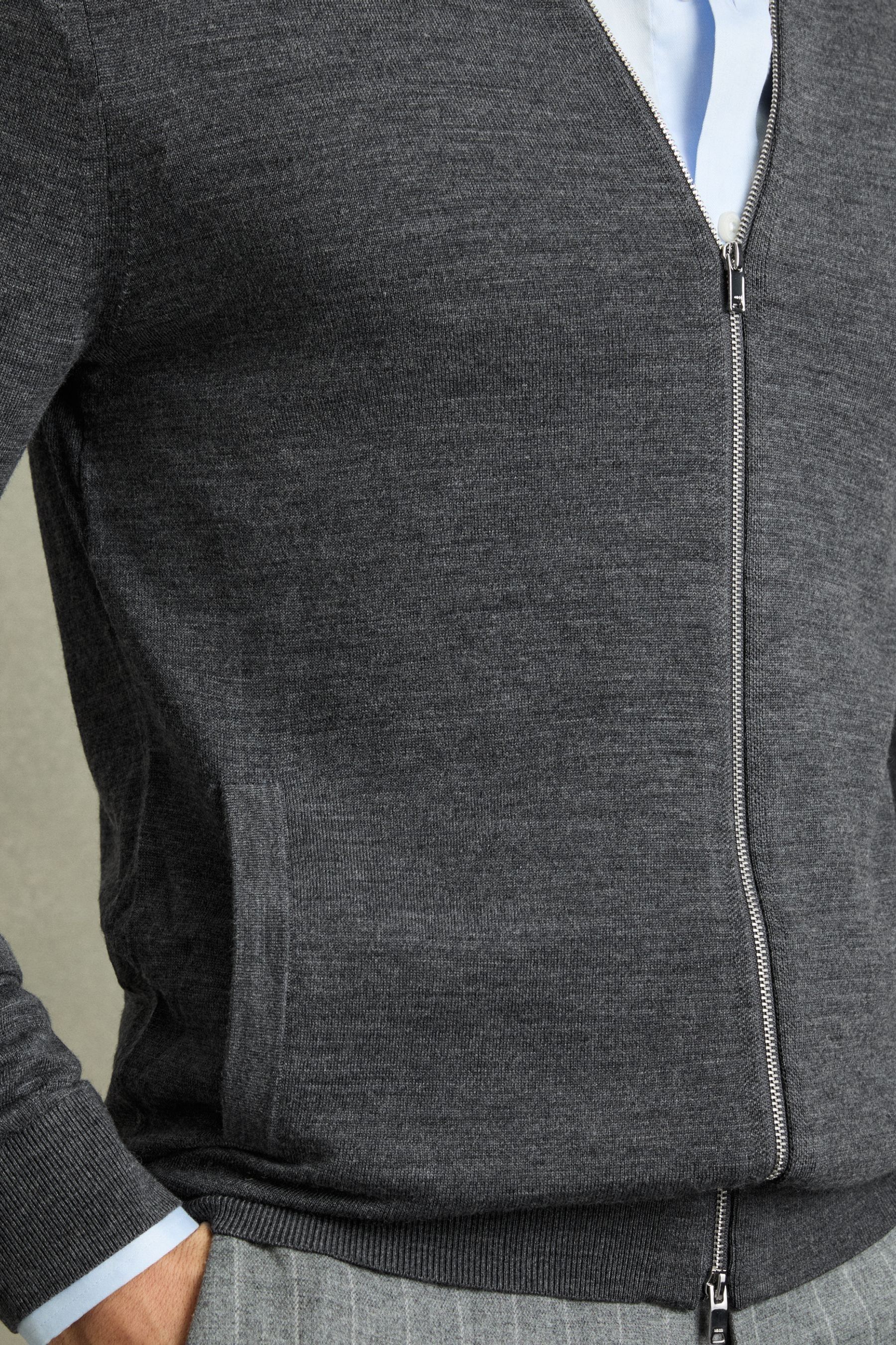 Reiss Derby Grey Marl Hampshire Merino Wool Funnel Neck Cardigan