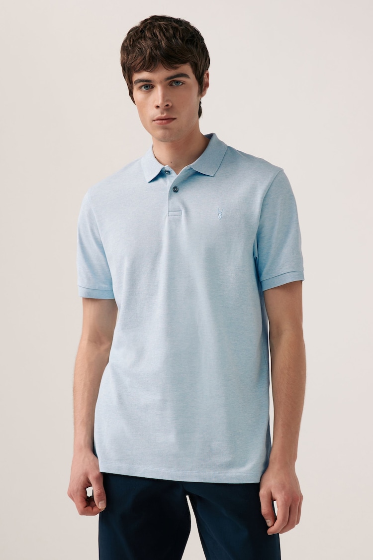 Light Blue Marl Slim Fit Short Sleeve Pique Polo Shirt - Image 1 of 7