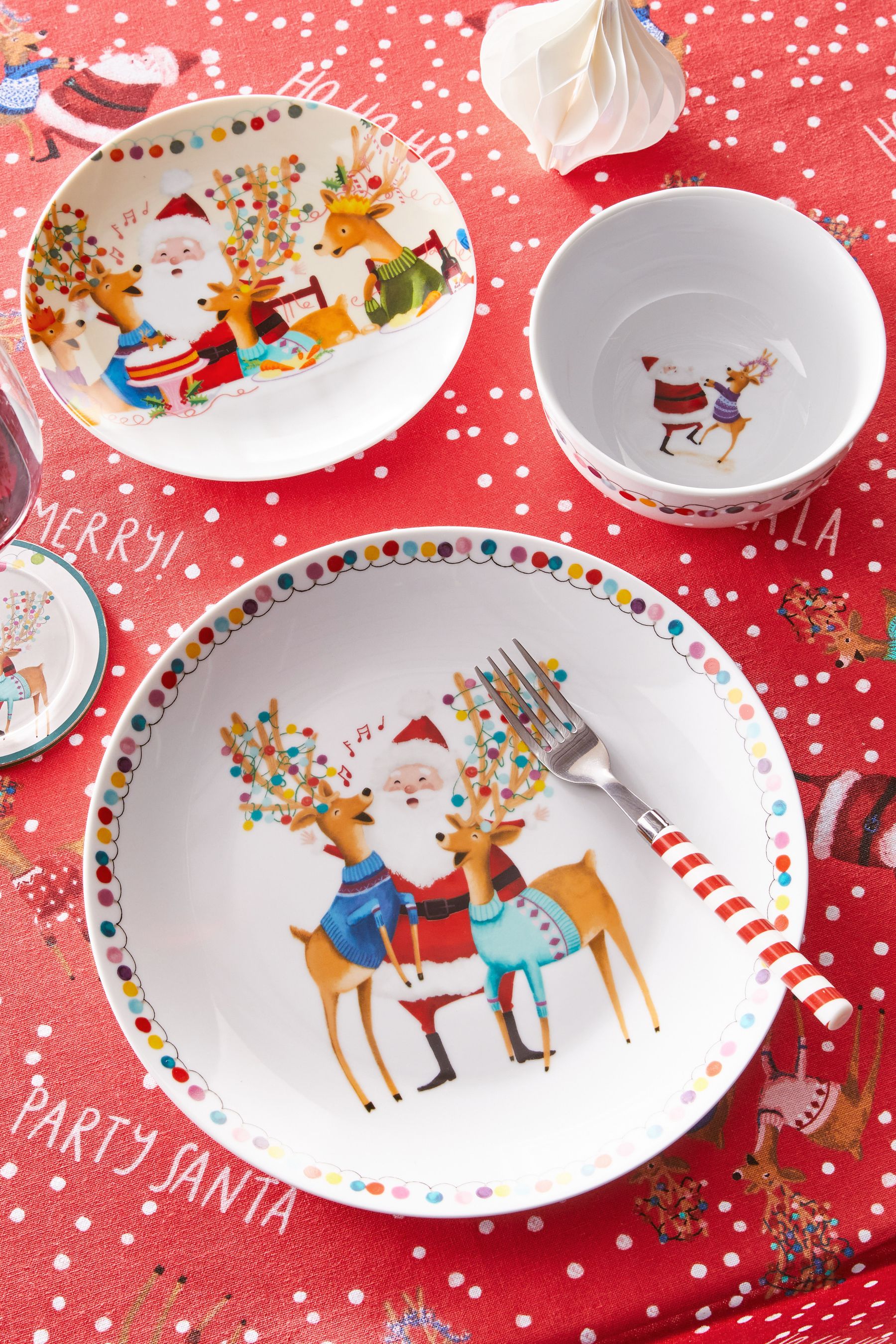 12 Piece Red Christmas Santa and Friends Dinner Set