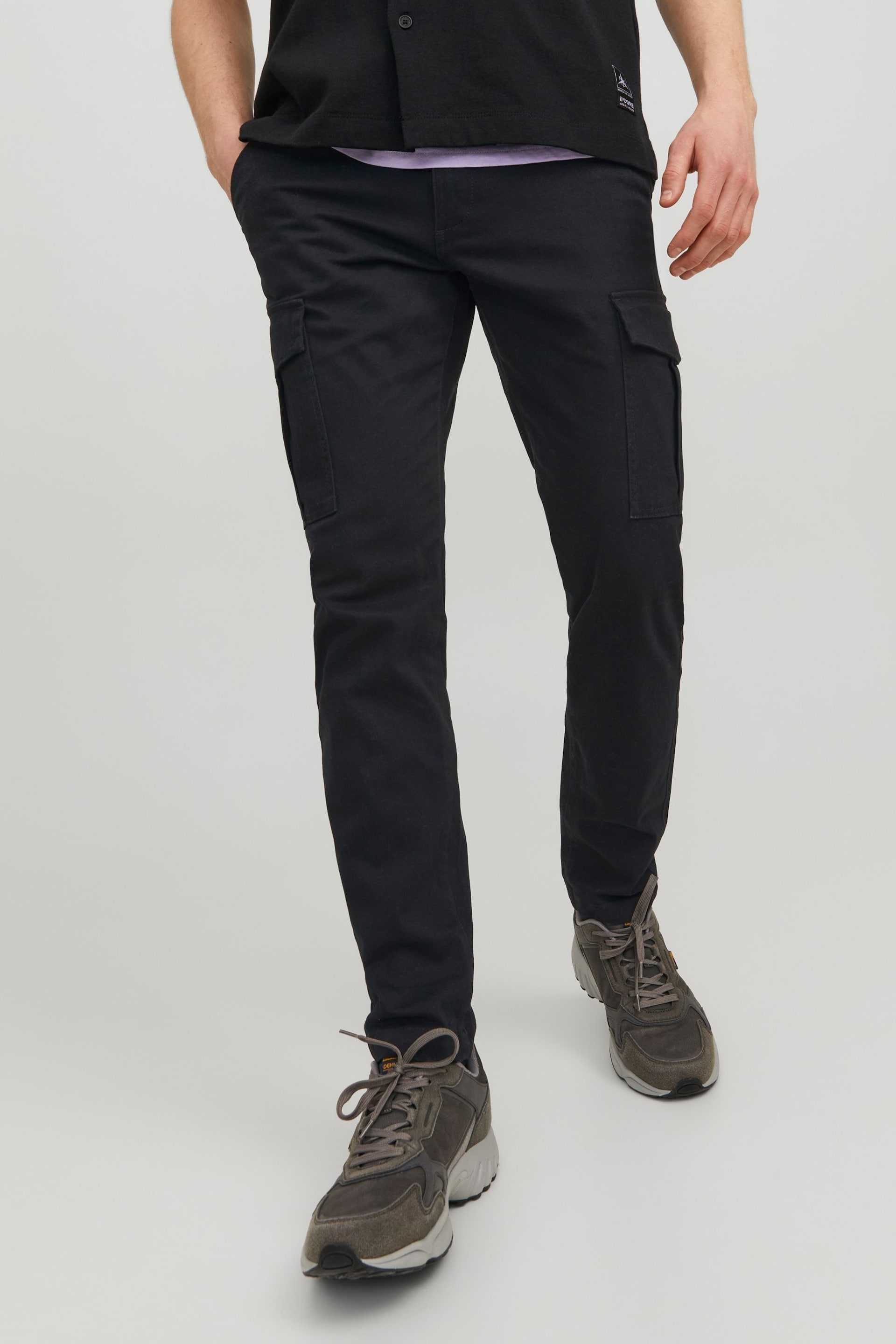 JACK & JONES Black Slim Leg Cuffed Cargo Trousers - Image 1 of 6