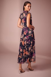 Navy Floral Print Pleated Mesh Floral Occasion Midi Dress - Image 4 of 7