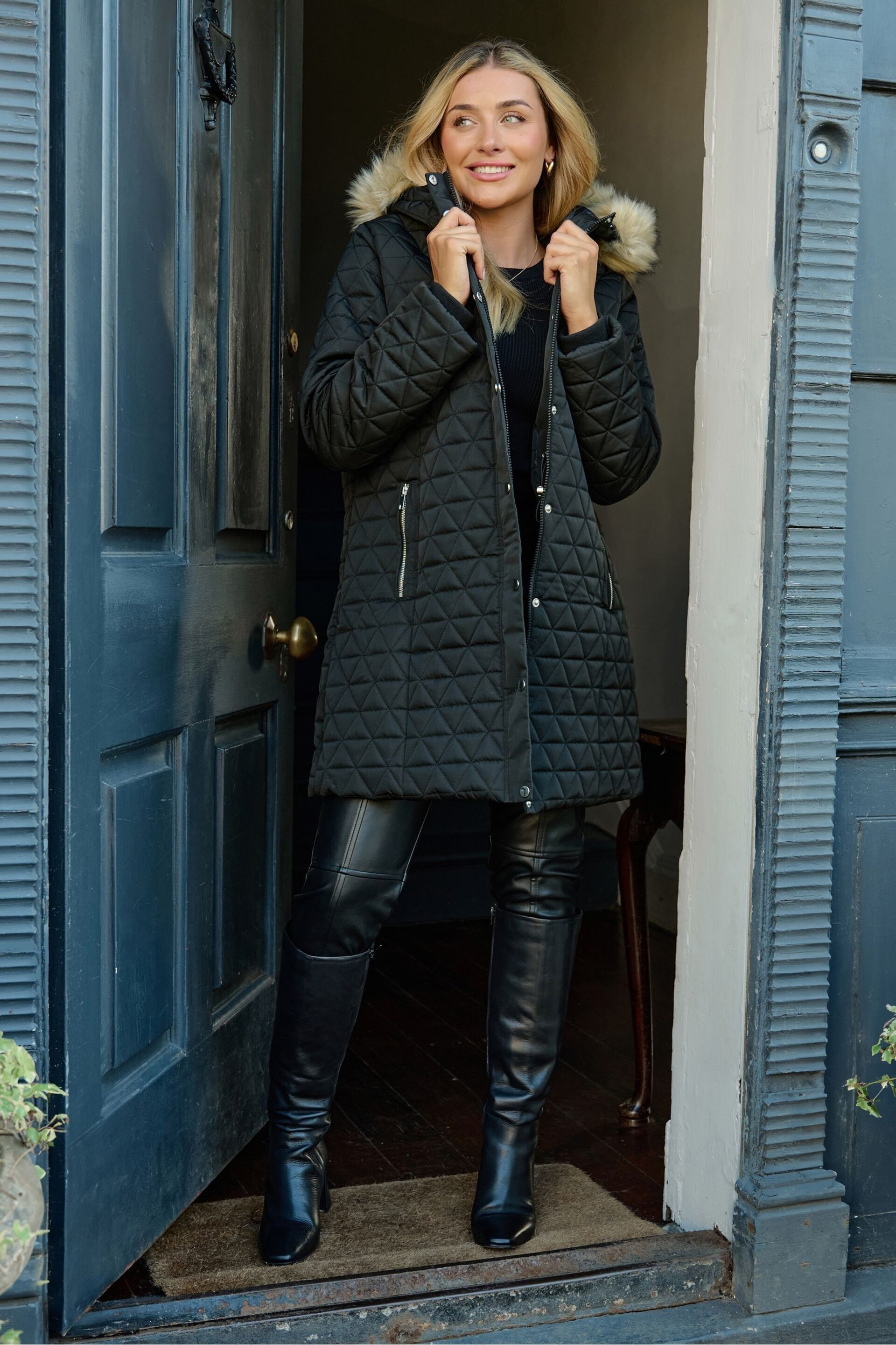 Society 8 Romy Black Quilted Faux Fur Puffer Coat - Image 1 of 6