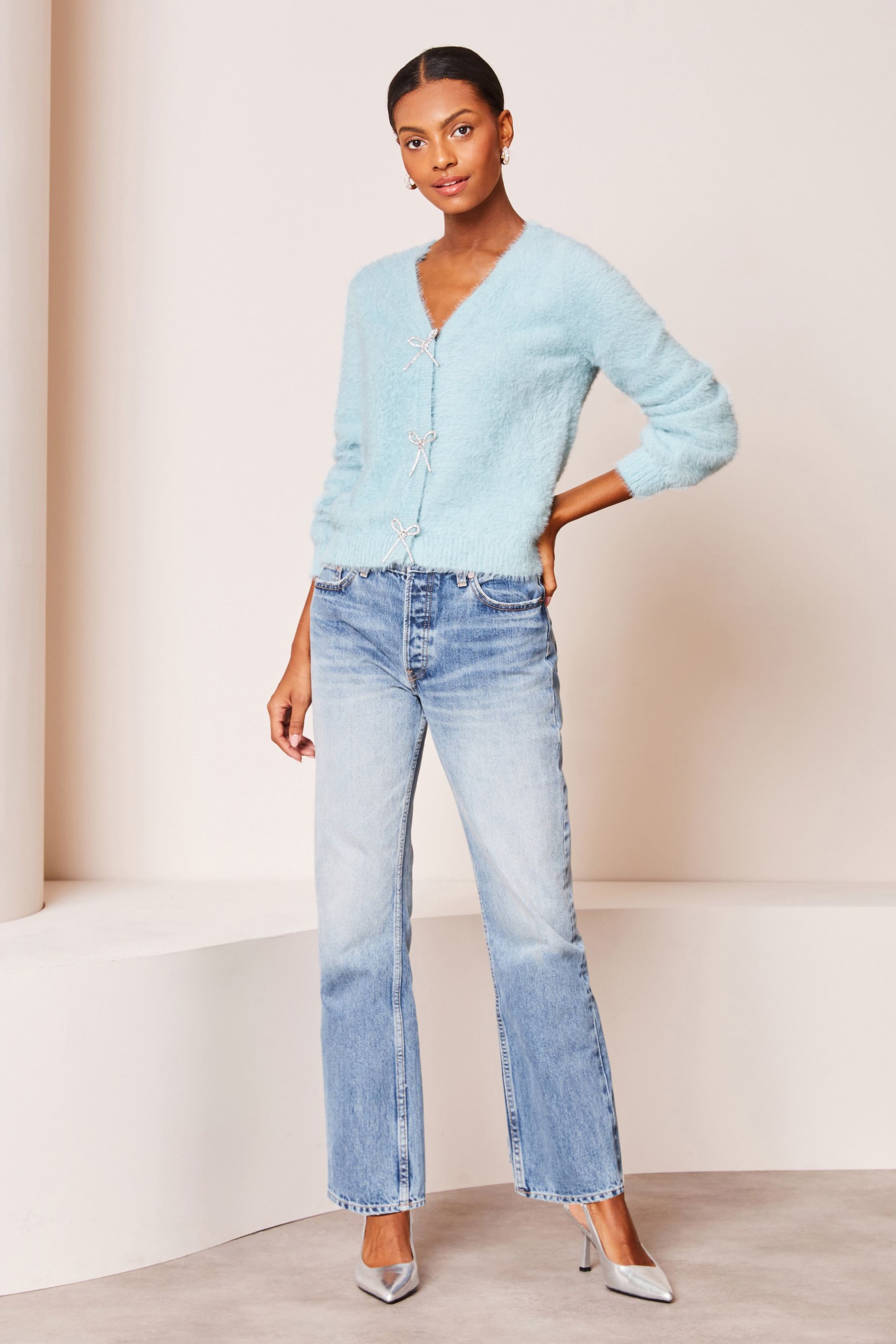 Buy Lipsy Blue Cosy Diamante Bow V Neck Cardigan from Next Luxembourg