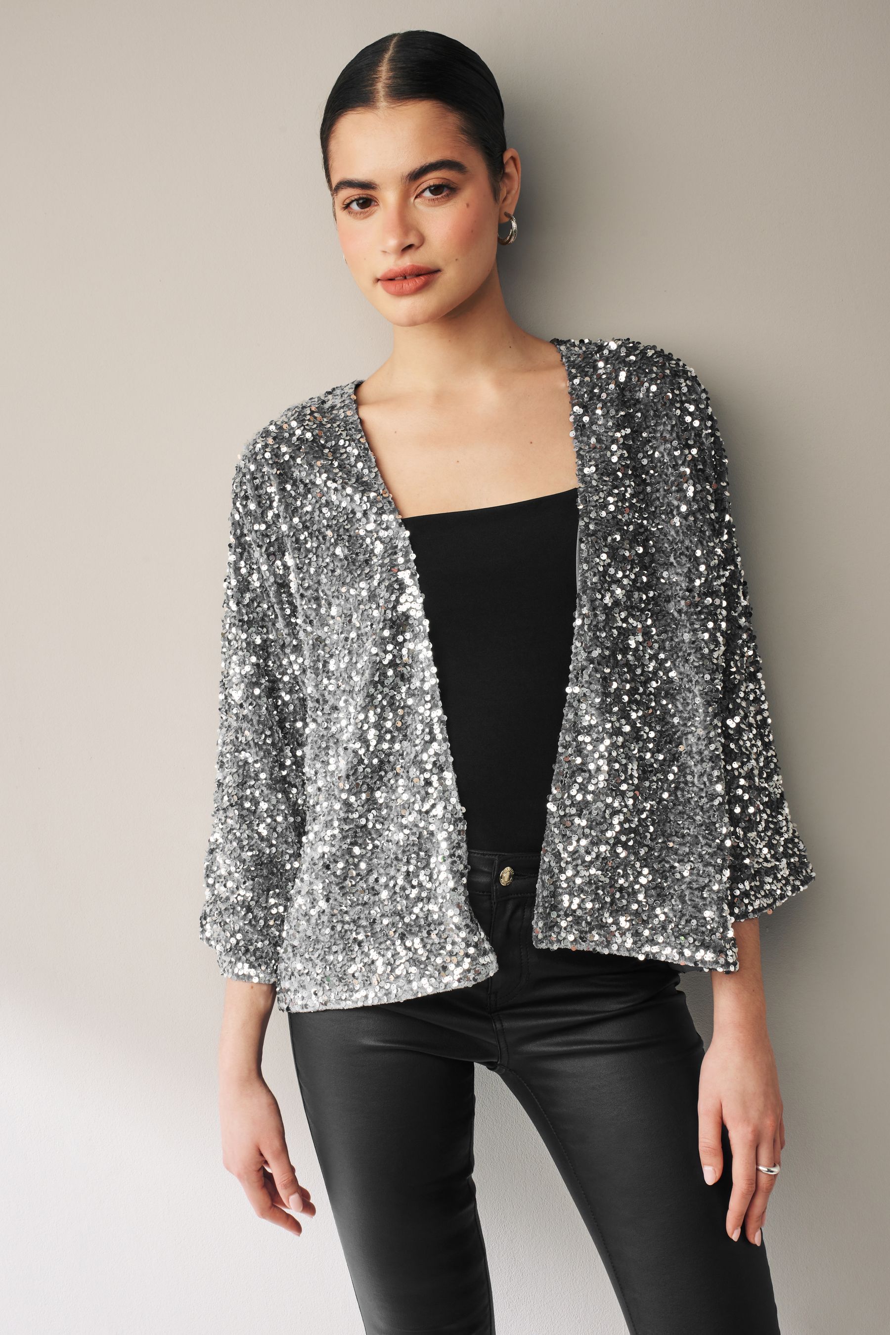 Silver sequin jacket womens deals