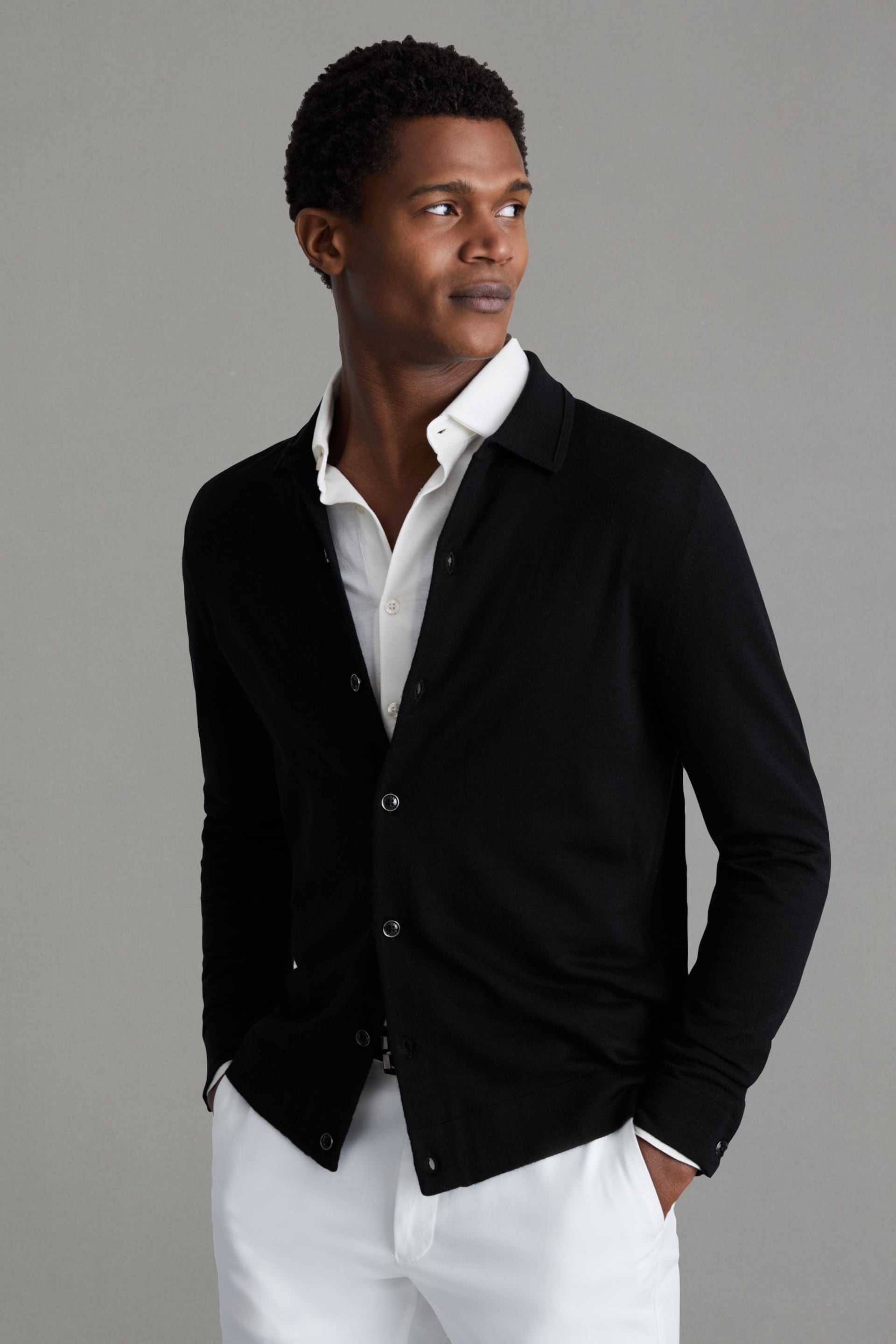 Reiss Black Forbes Merino Wool Button-Through Cardigan - Image 1 of 5