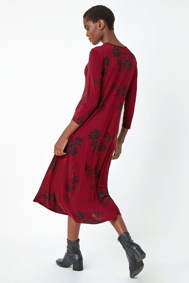 Roman Red Floral Print Pocket Stretch Midi Dress - Image 2 of 5