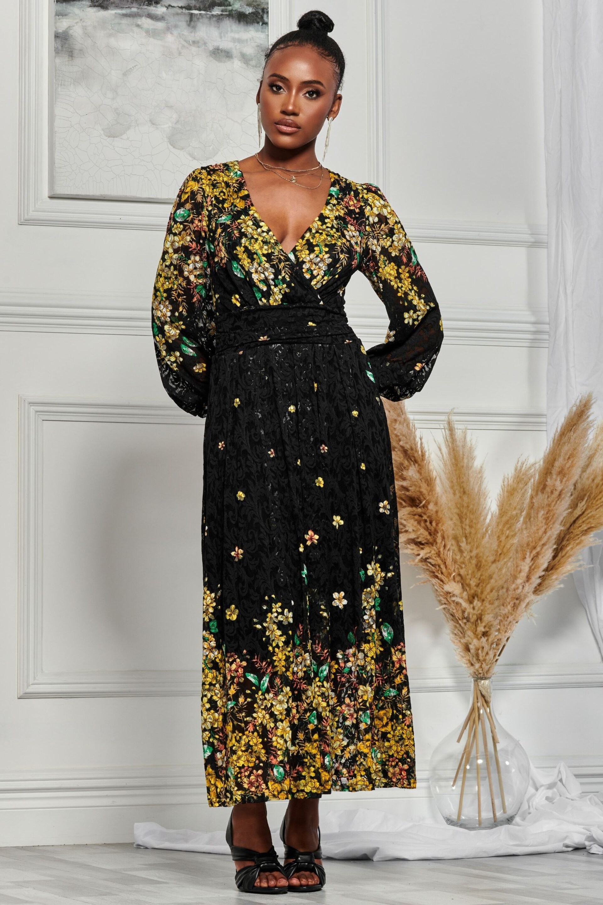 Jolie Moi Black & Yellow Symmetrical Print Amica Lace Maxi Dress - Image 4 of 6