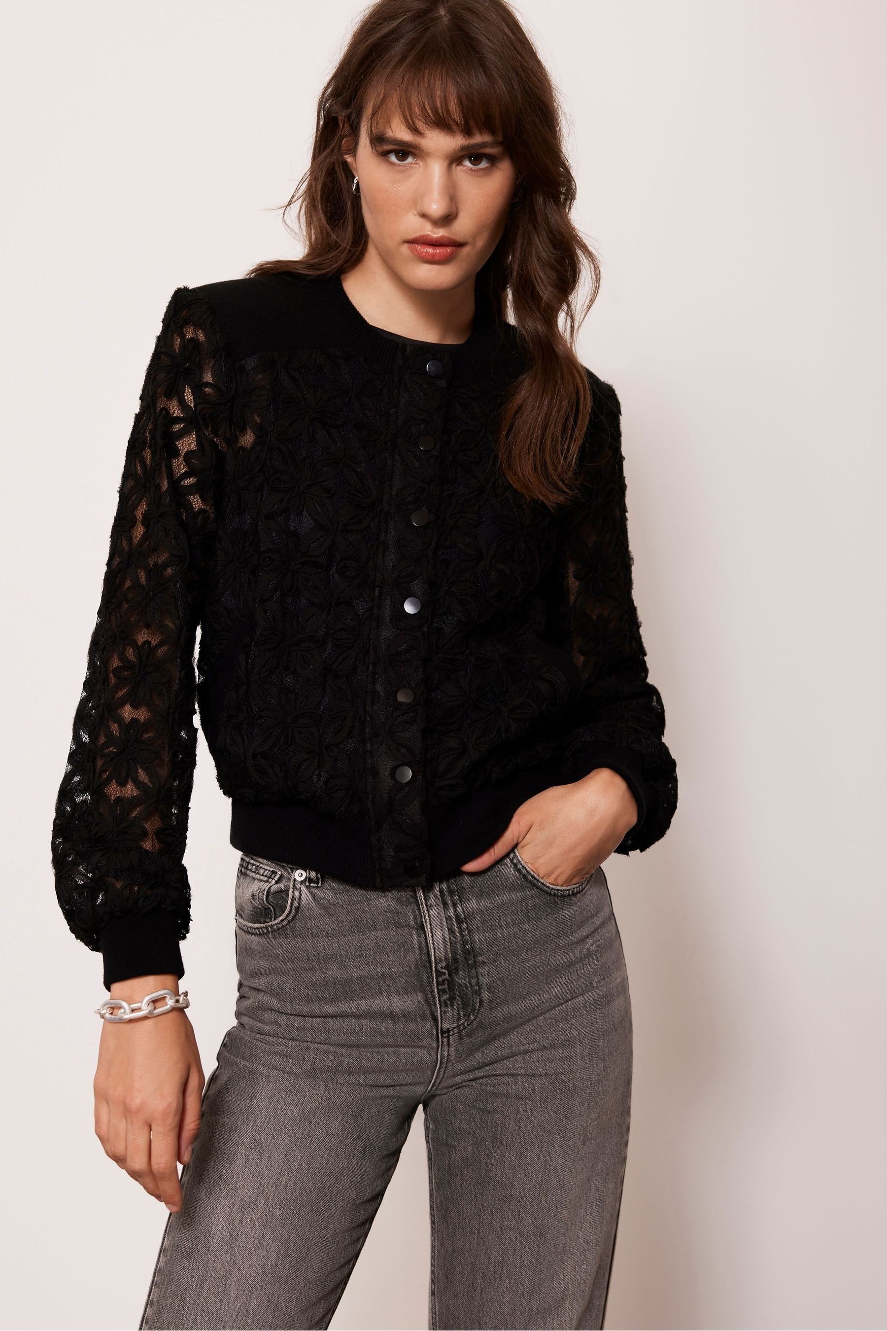 Buy Mint Velvet Black Lace Bomber Jacket from Next Luxembourg