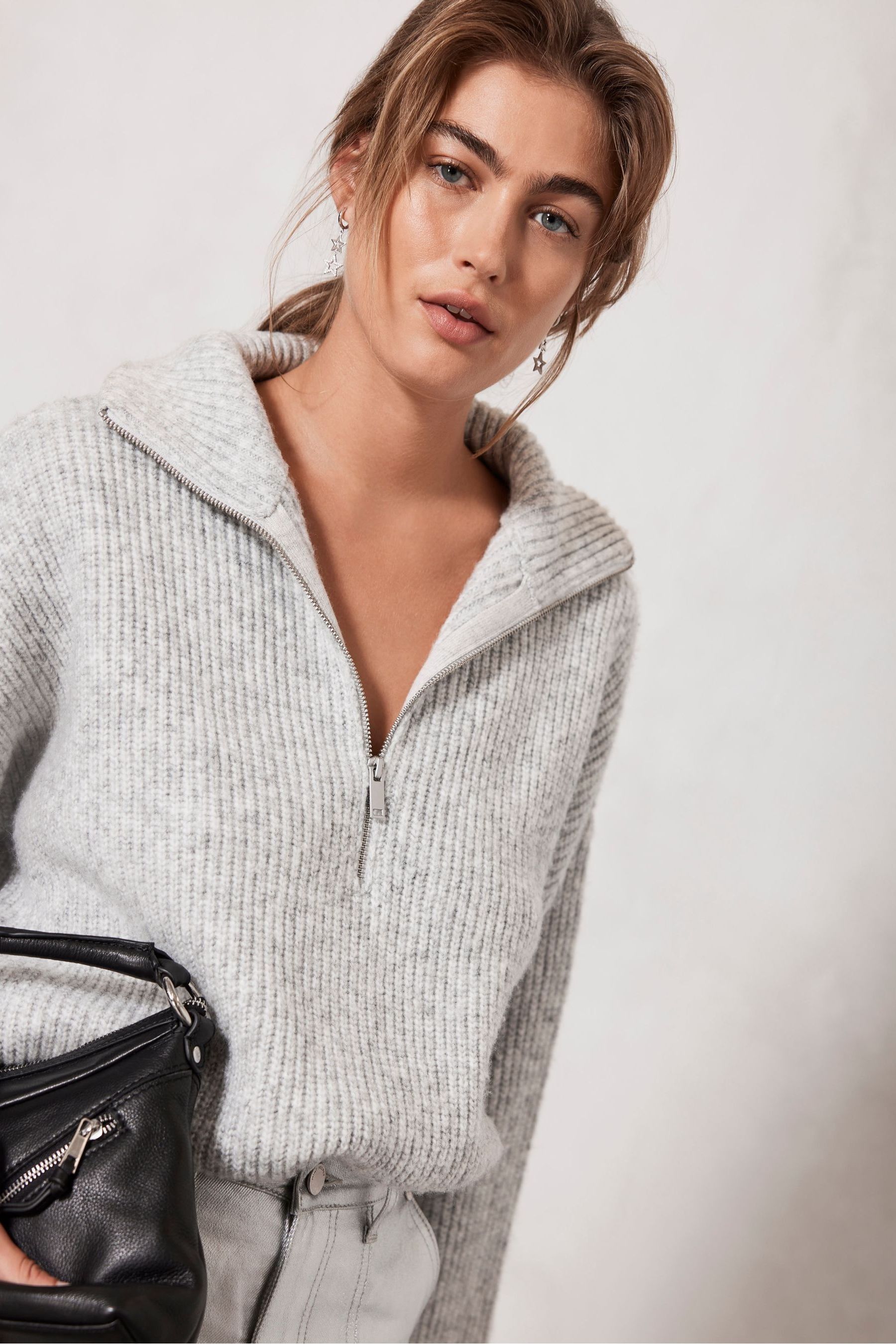 Buy Mint Velvet Grey Zip Collar Jumper from Next Luxembourg