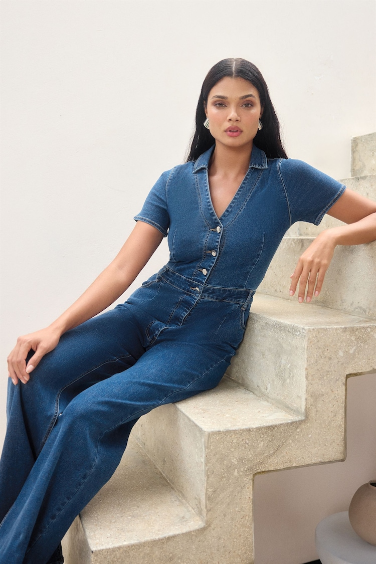 Lipsy Blue Denim Short Sleeve Button Through Jumpsuit - Image 2 of 4