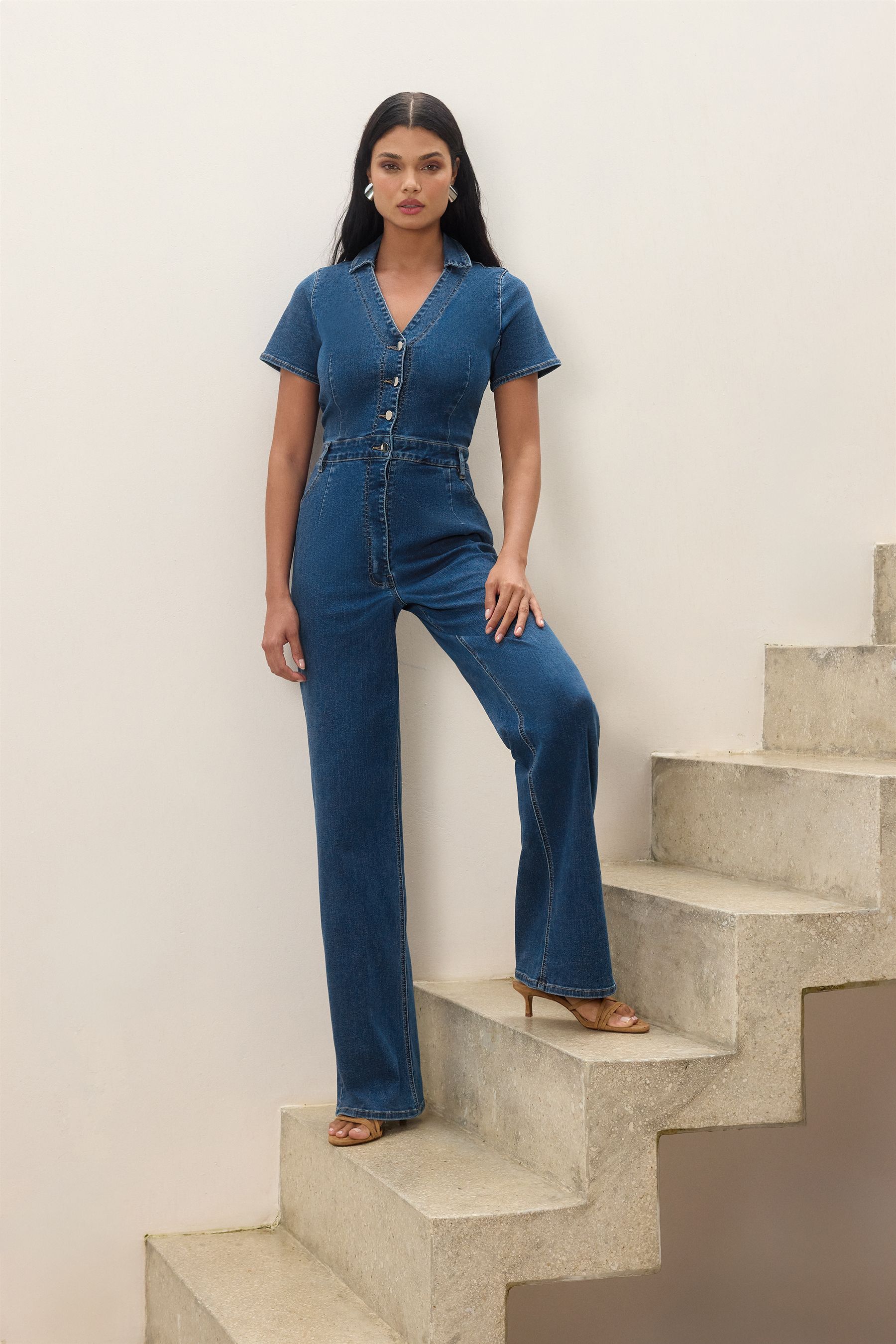 Buy Lipsy Blue Petite Denim Short Sleeve Button Through Jumpsuit from the Next UK online shop