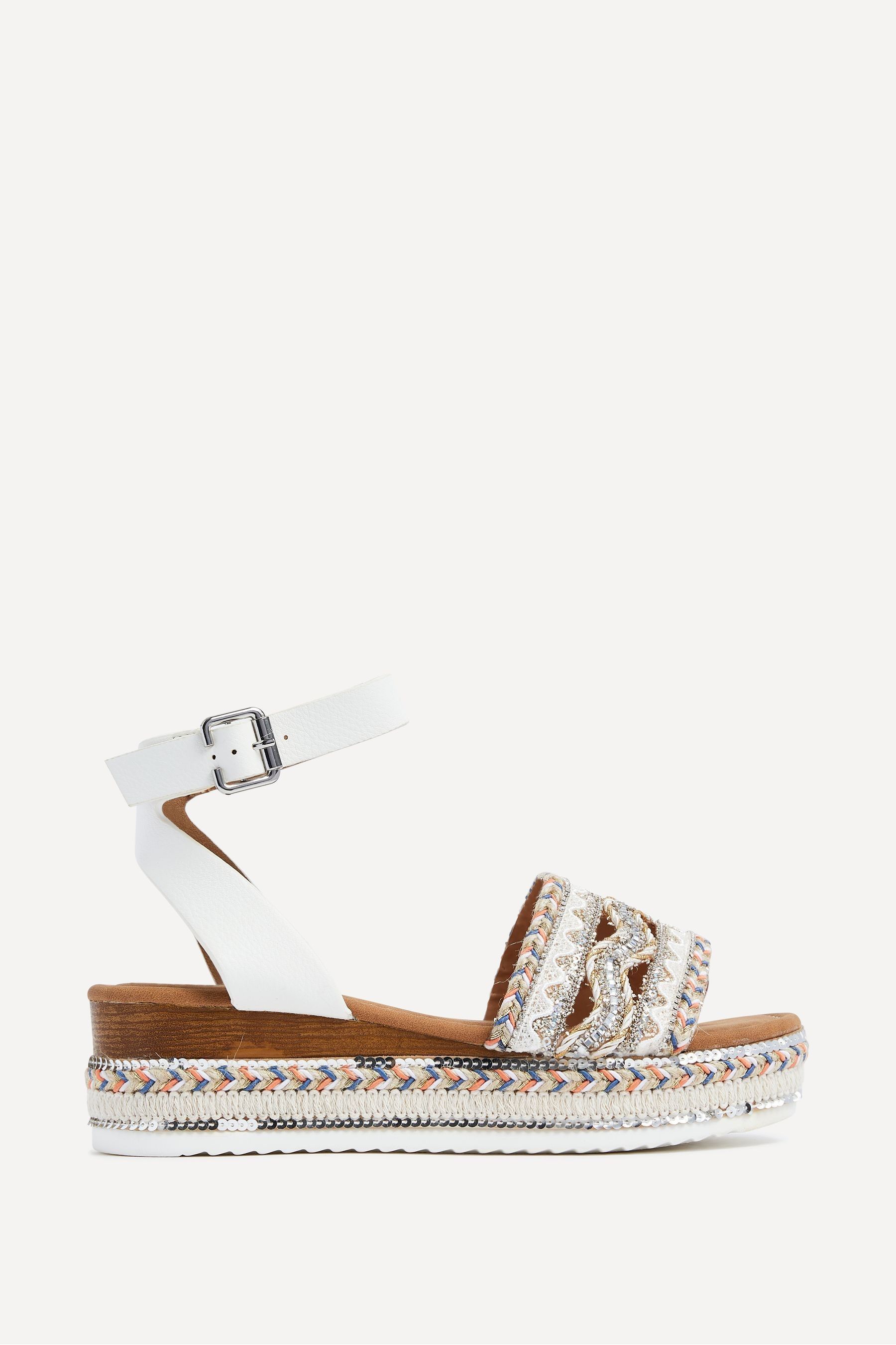 Linzi White Boheme Flatform Sandals With Embellished Trim Detail