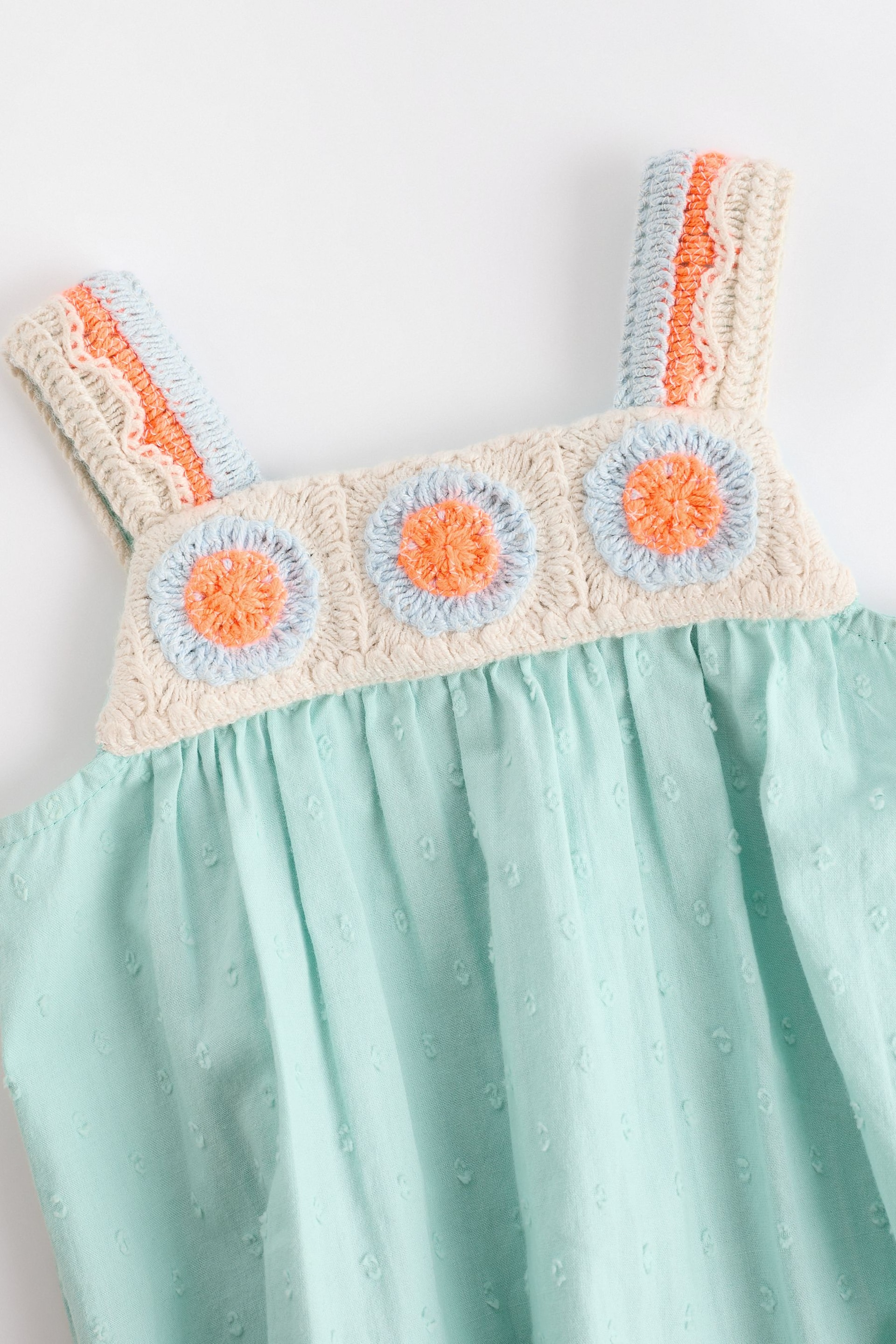 Aqua Blue/Coral Baby Crochet Bloomer Romper (0mths-2yrs) - Image 6 of 9
