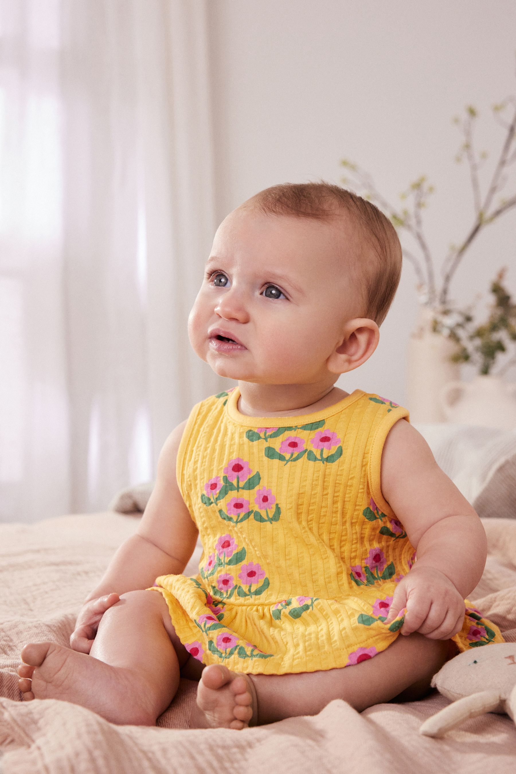 Ochre Yellow Floral Baby Peplum 100 Cotton Vest and Bloomer Shorts 2 Piece Set