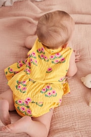 Ochre Yellow Floral Baby Peplum 100% Cotton Vest and Bloomer Shorts Set 2 Piece - Image 2 of 8