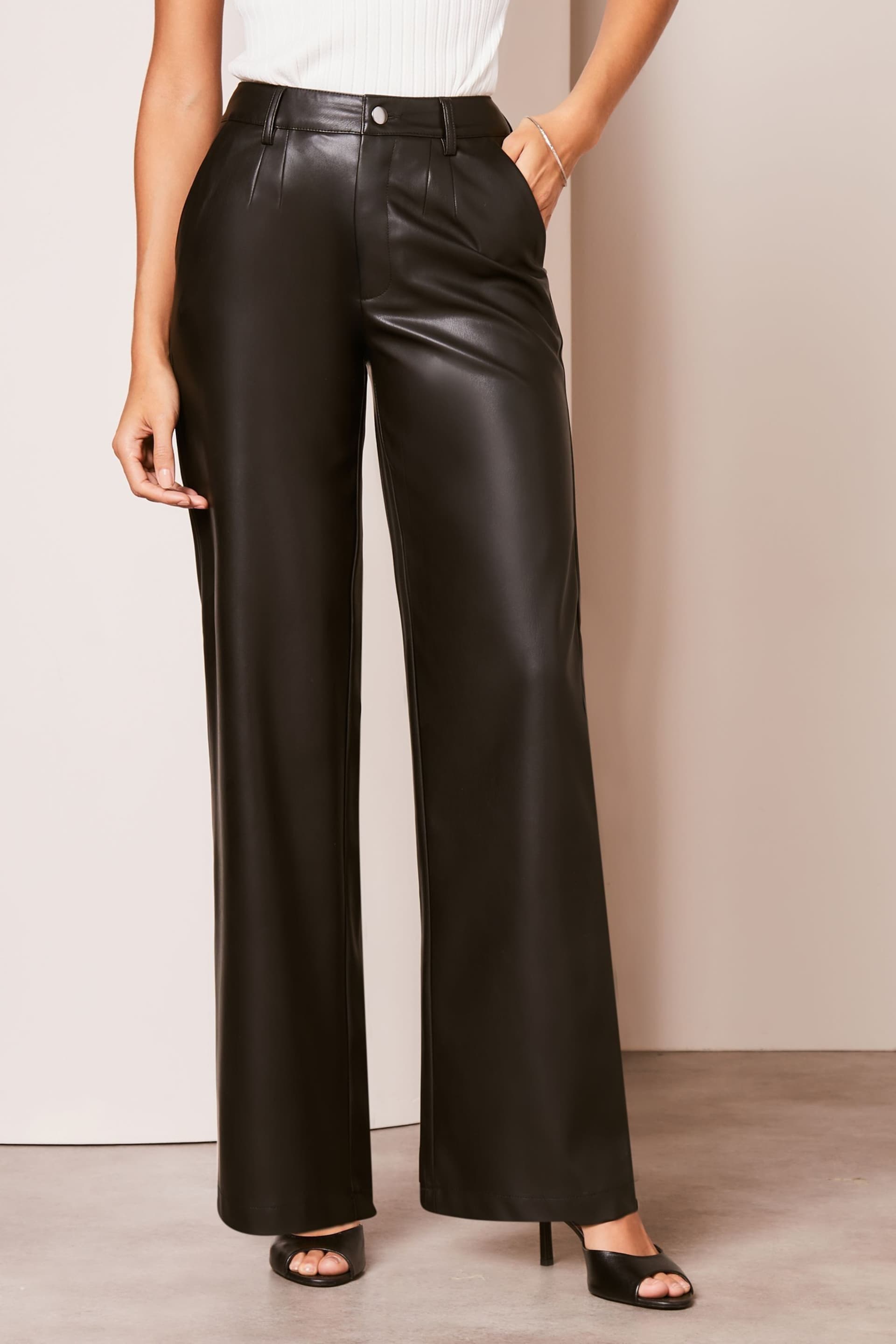 Lipsy Black Faux Leather Wide Leg Trousers - Image 1 of 4