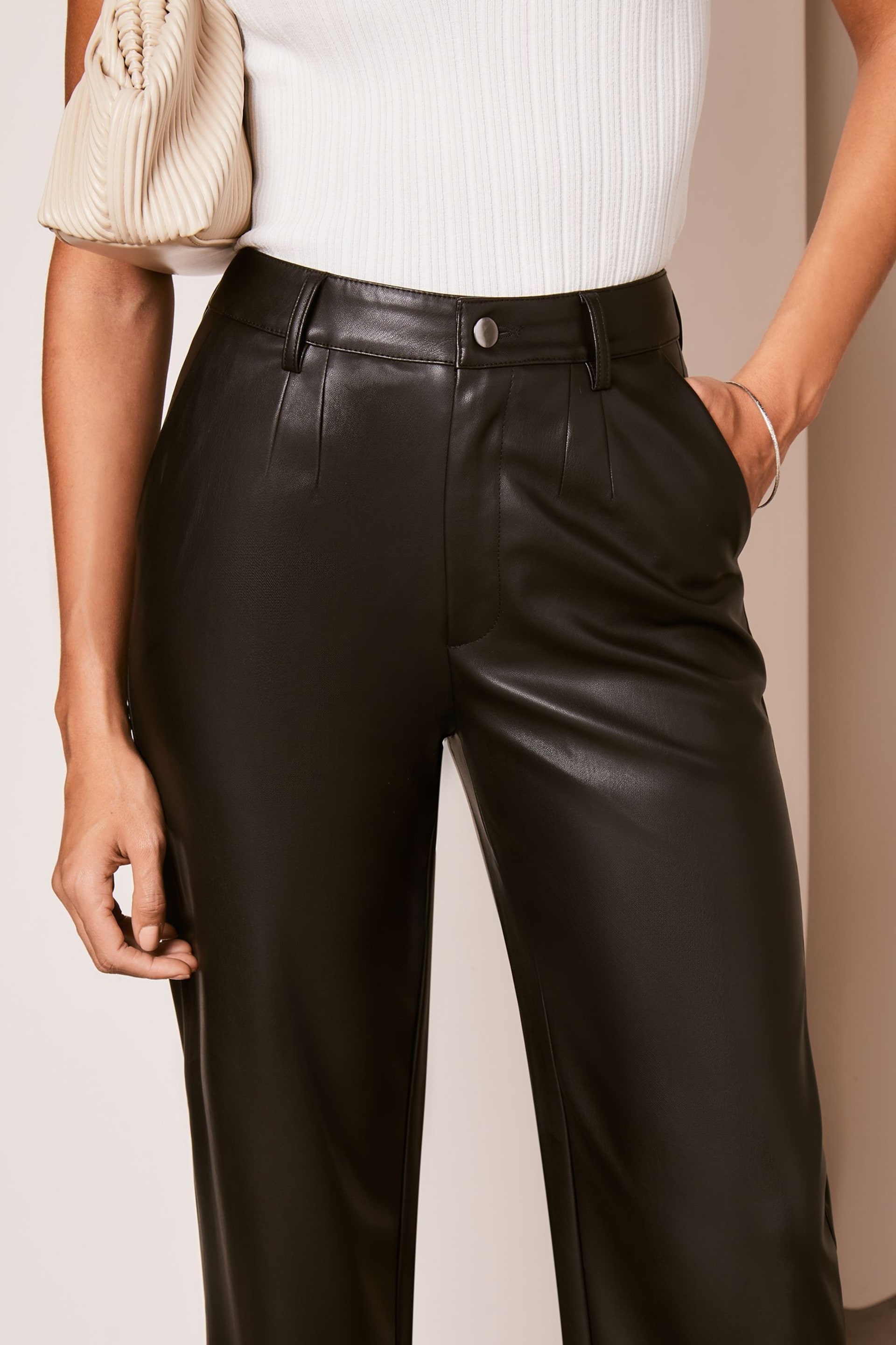 Lipsy Black Faux Leather Wide Leg Trousers - Image 4 of 4