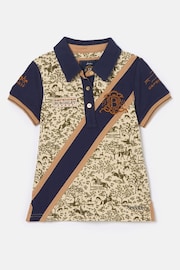 Joules Official Burghley Navy/Camel Girls' Printed Polo Shirt - Image 1 of 3